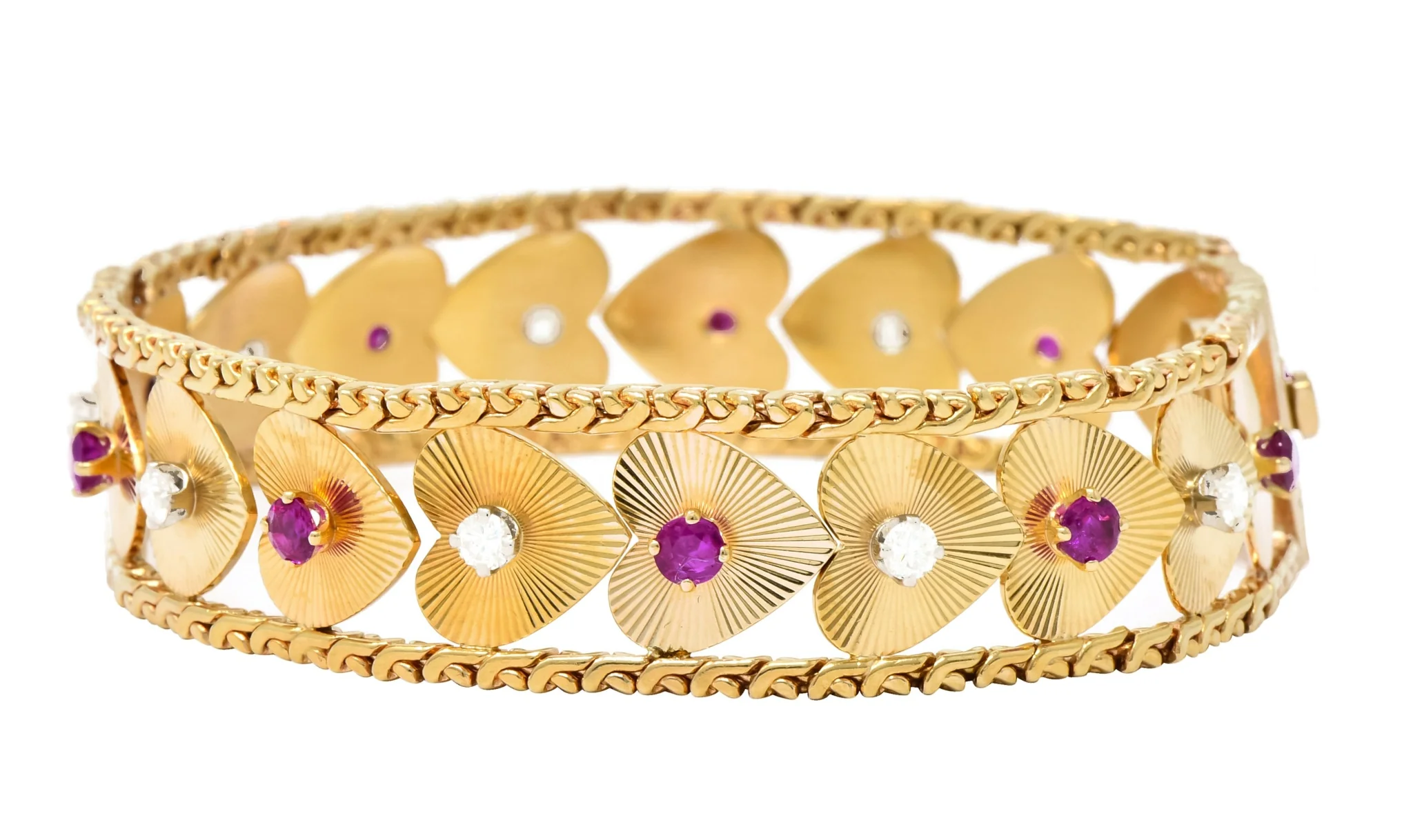 Retro 1.80 CTW Diamond Ruby 14 Karat Gold Heart Bracelet - Image 9