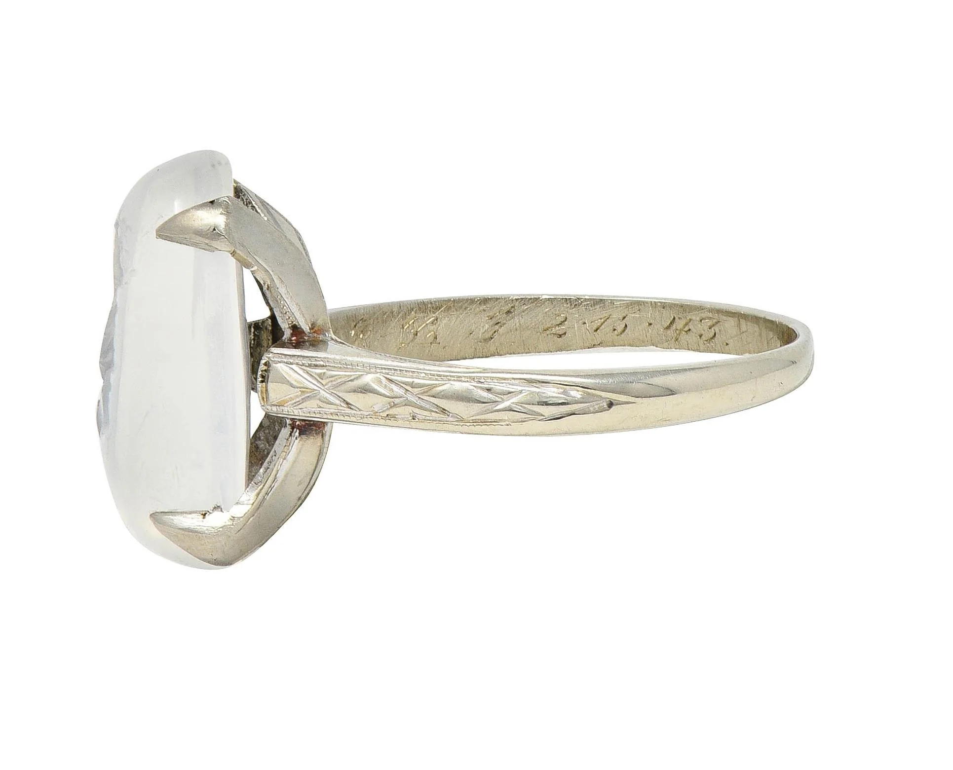 Retro 1943 Carved Moonstone 14 Karat White Gold Vintage Intaglio Ring - Image 4