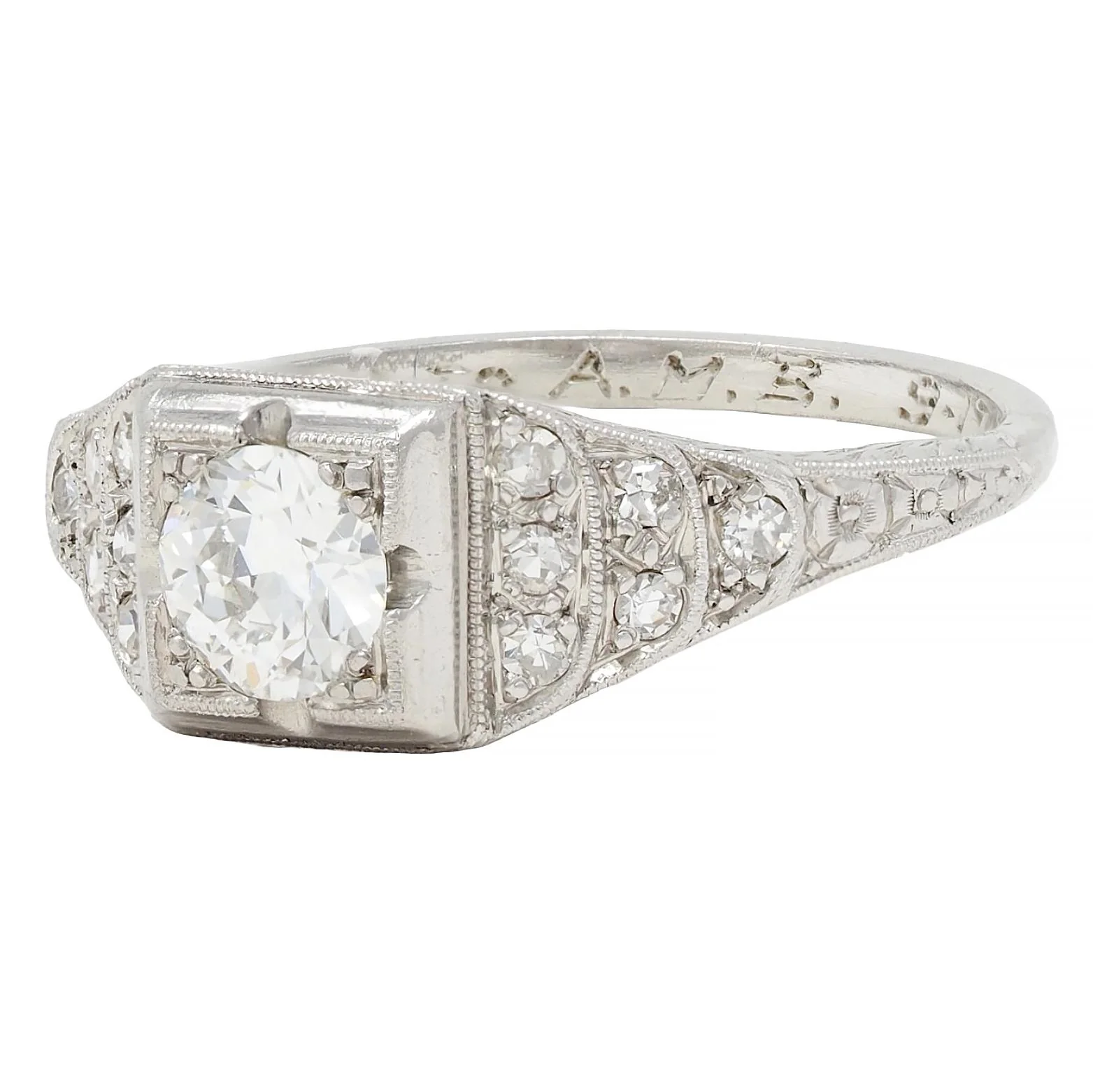 Retro 1945 0.70 CTW European Cut Diamond Platinum Vintage Stepped Engagement Ring - Image 6