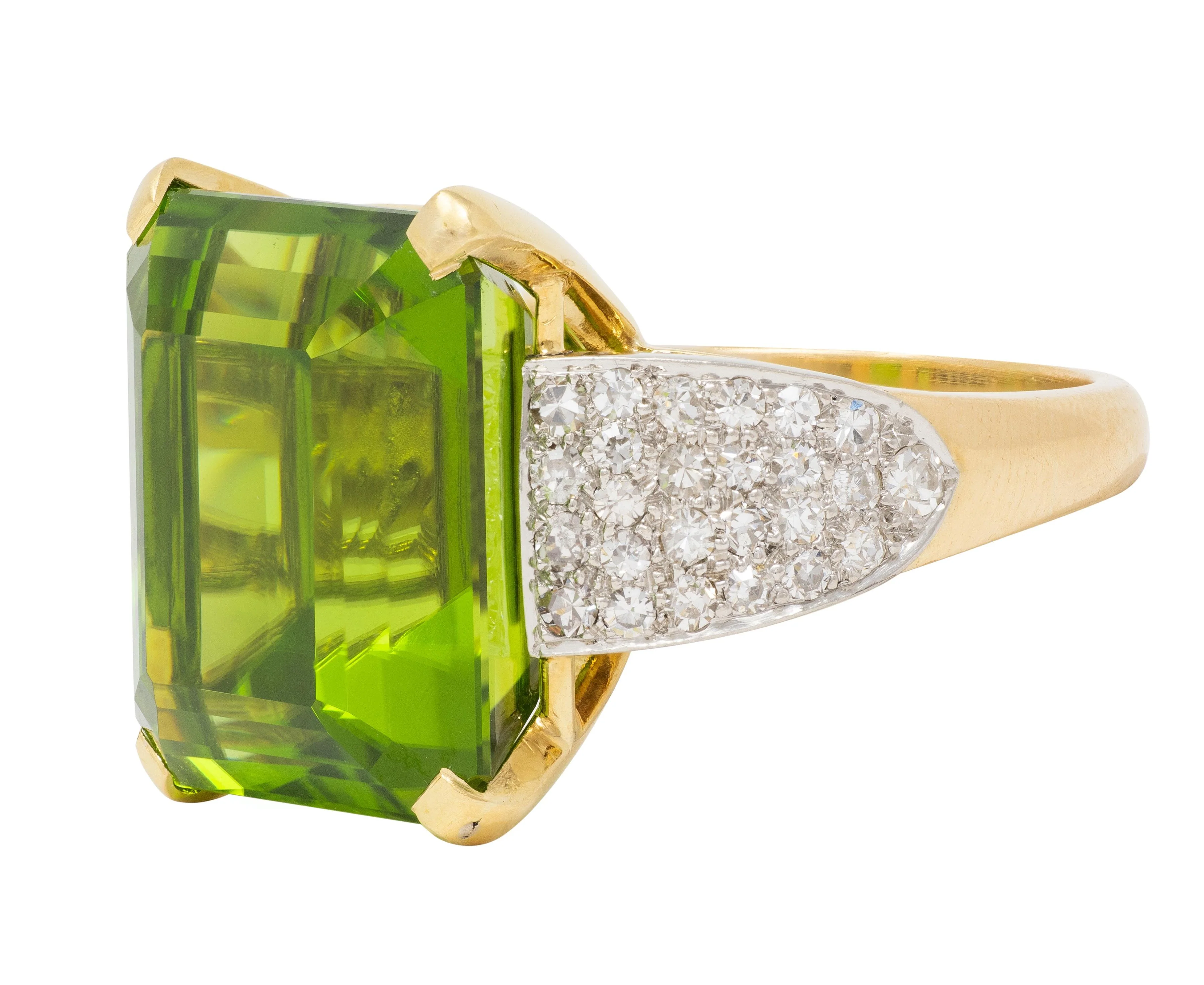 Retro 28.96 CTW Peridot Diamond Platinum 18 Karat Yellow Gold Vintage Cocktail Ring - Image 5