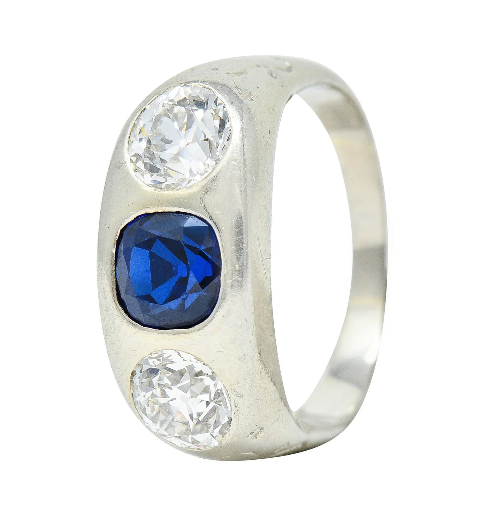 Retro 3.05 CTW No Heat Sapphire Diamond 18 Karat White Gold Gypsy Unisex Ring GIA - Image 8