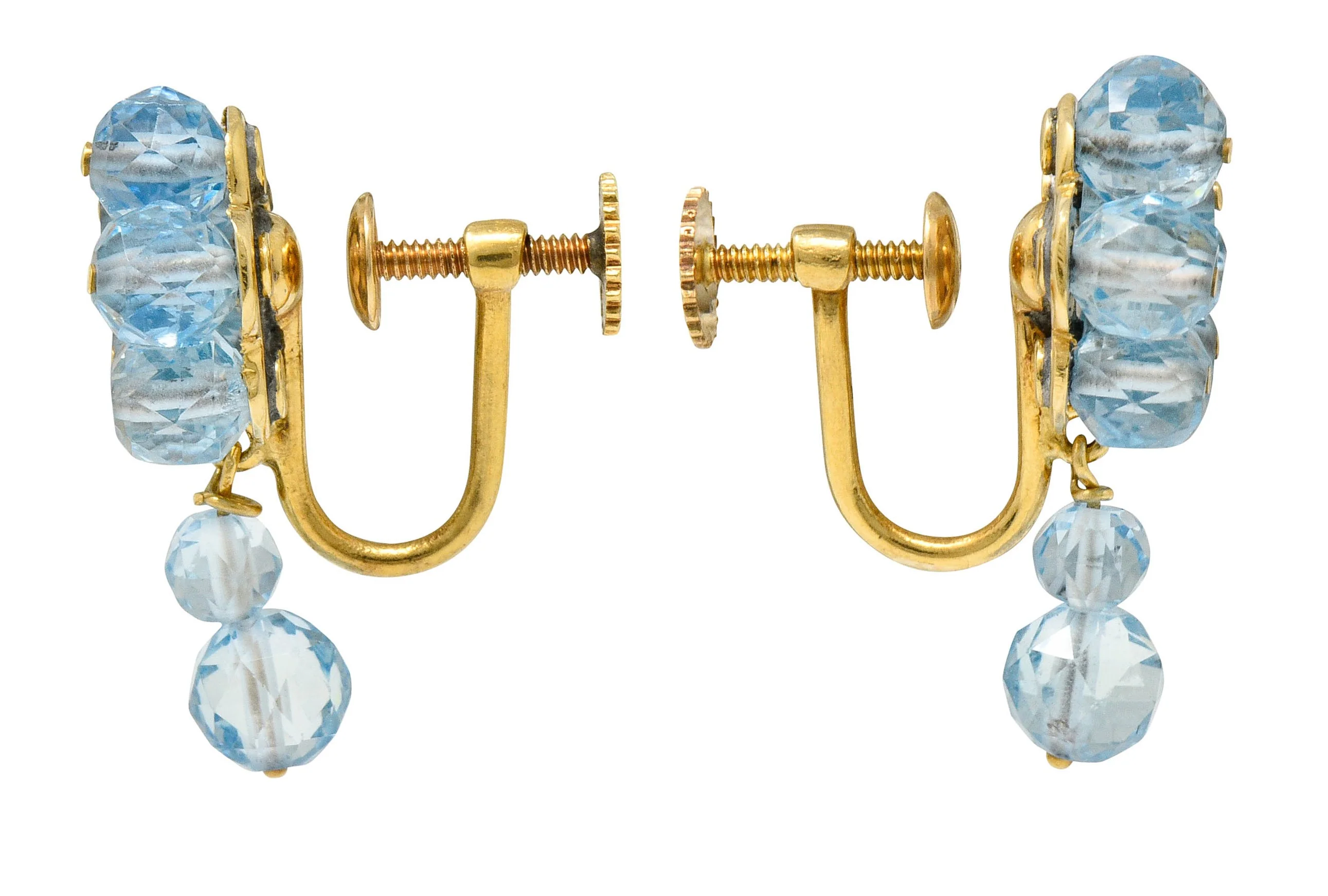 Retro Aquamarine 14 Karat Gold Floral Cluster Screwback Earrings - Image 2