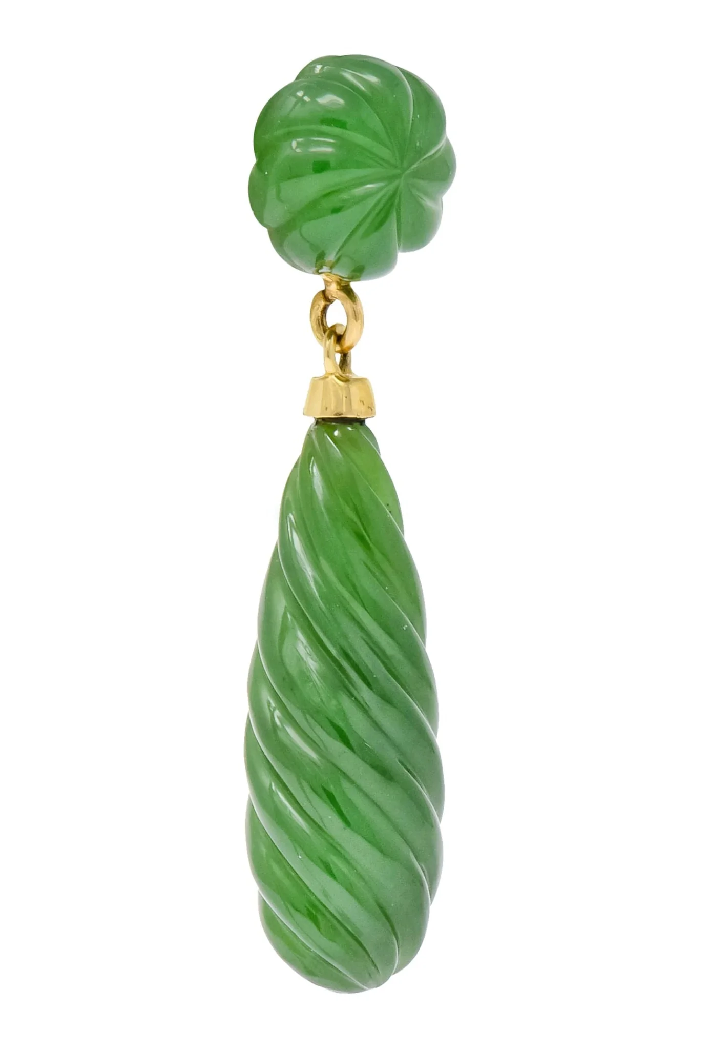 Retro Carved Jade 14 Karat Gold Swirl Drop Earrings - Image 4