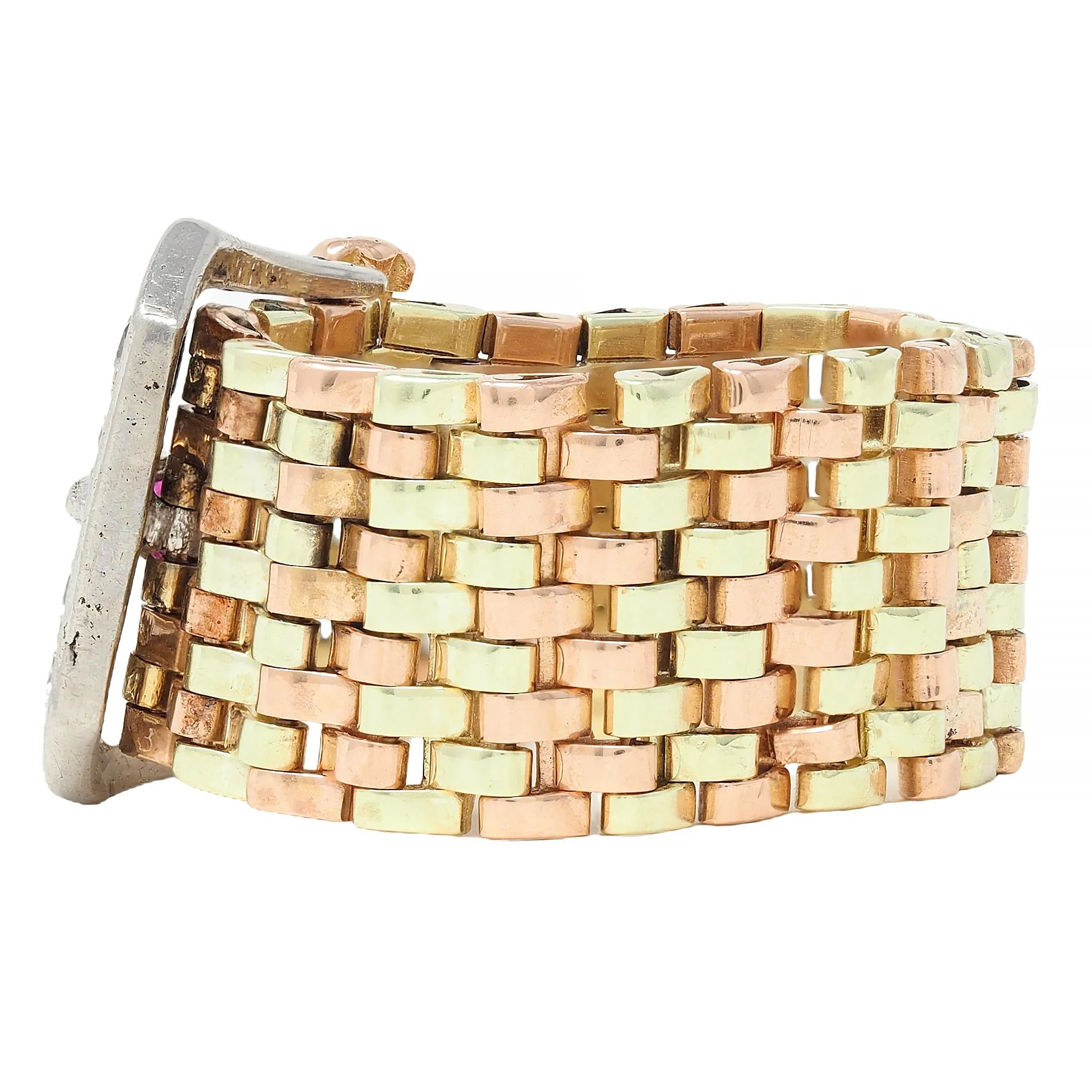 Retro Diamond Ruby Platinum 14 Karat Two-Tone Gold Vintage Buckle Mesh Ring - Image 5