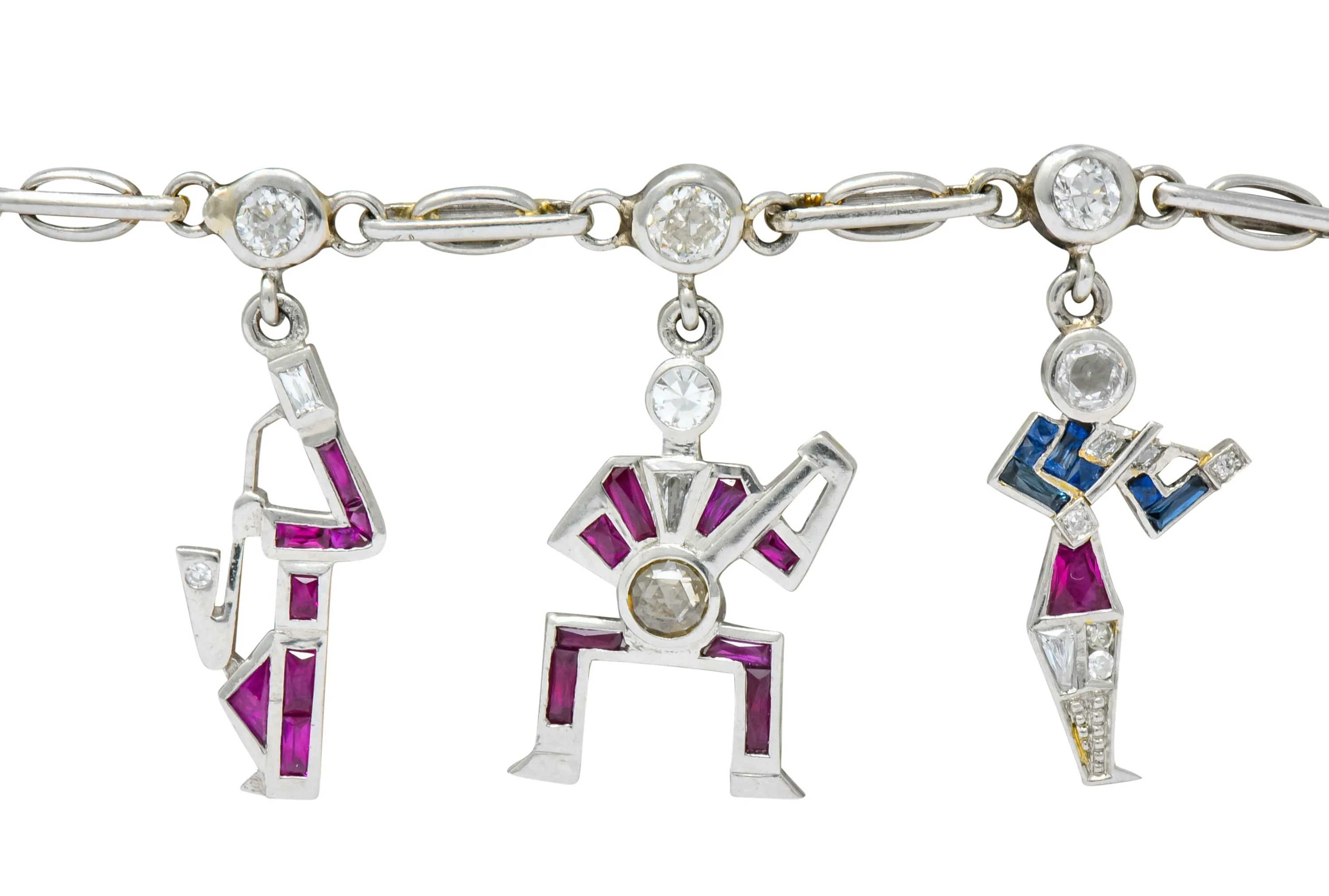 Retro Diamond Ruby Sapphire Platinum Jazz Band Musical Charm Bracelet Circa 1940s - Image 6