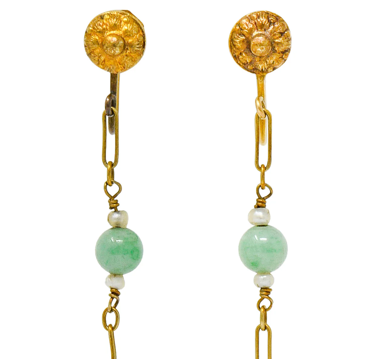 Retro Jade Natural Freshwater Pearl 14 Karat Gold Screwback Earrings - Image 5