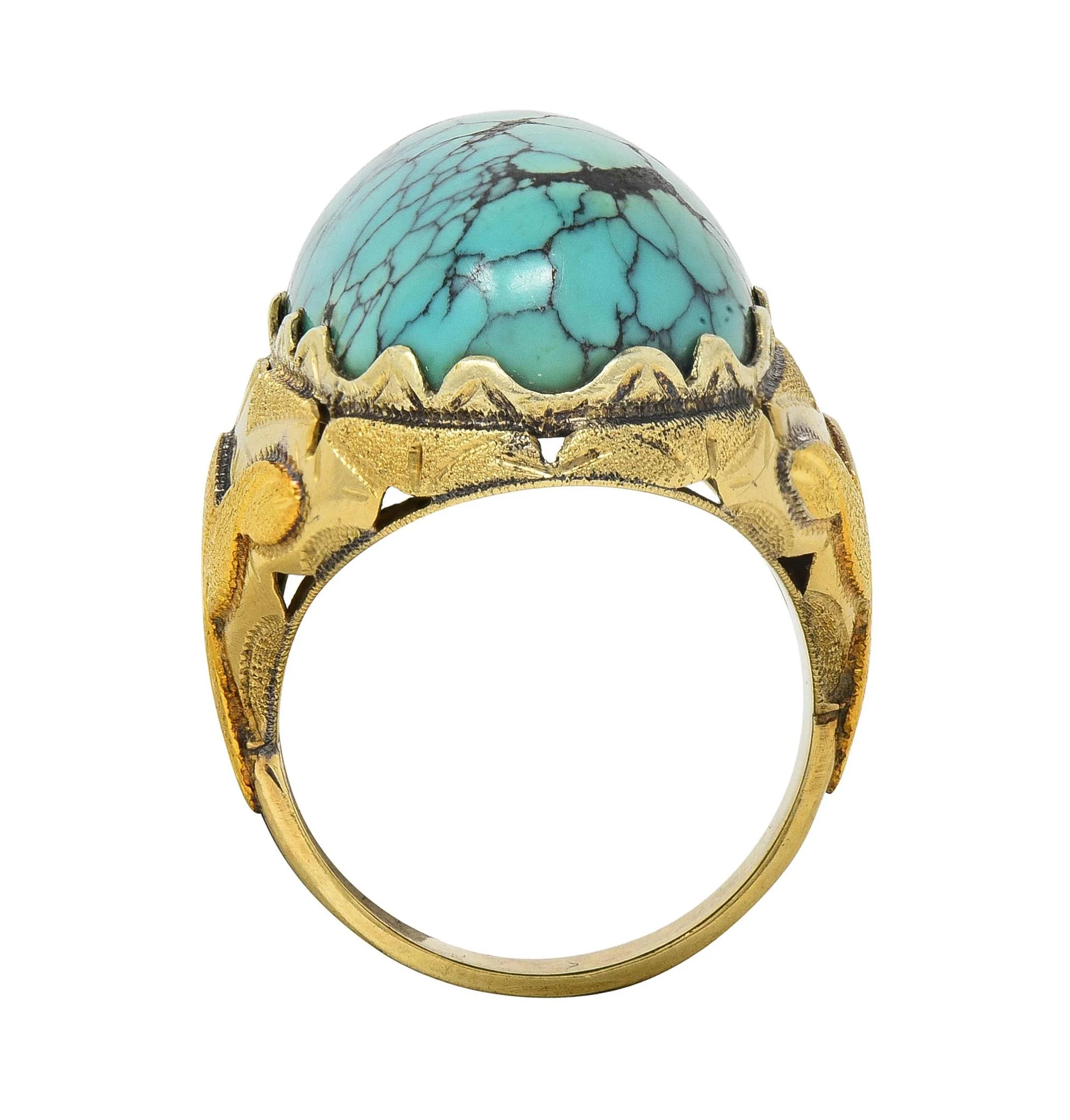 Retro Turquoise Cabochon 14 Karat Yellow Gold Vintage Statement Ring - Image 7