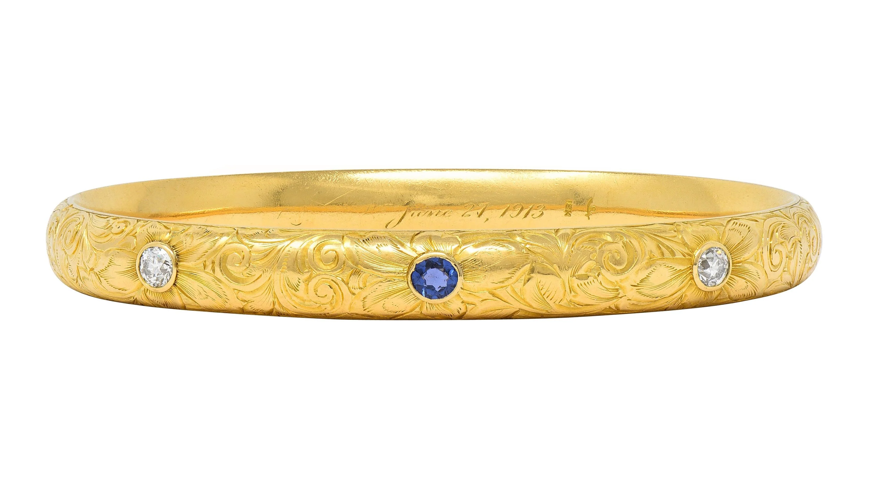 Riker Brothers Art Nouveau 1913 0.82 CTW Sapphire Diamond 18K Gold Antique Bangle Bracelet - Image 2