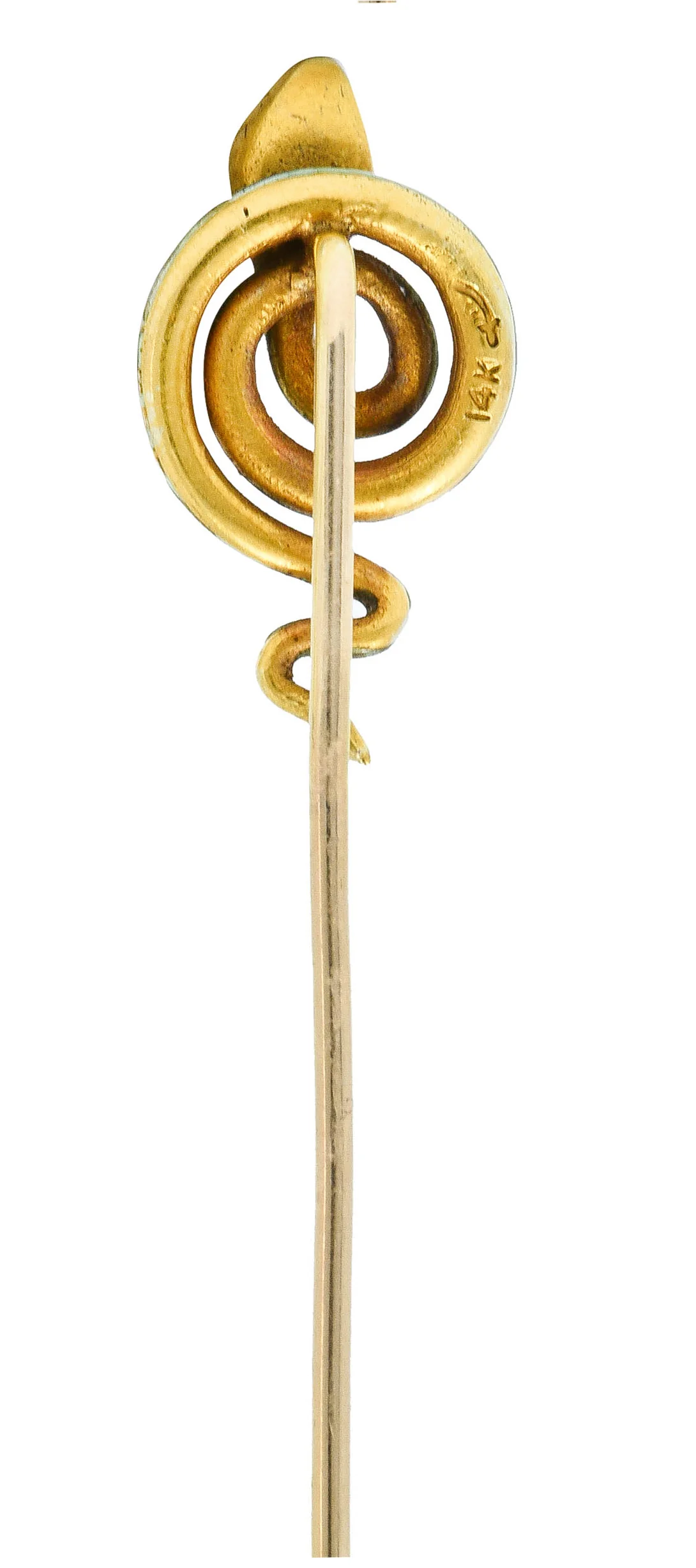 Riker Brothers Art Nouveau Enamel Demantoid Garnet 14 Karat Gold Snake Stickpin - Image 4