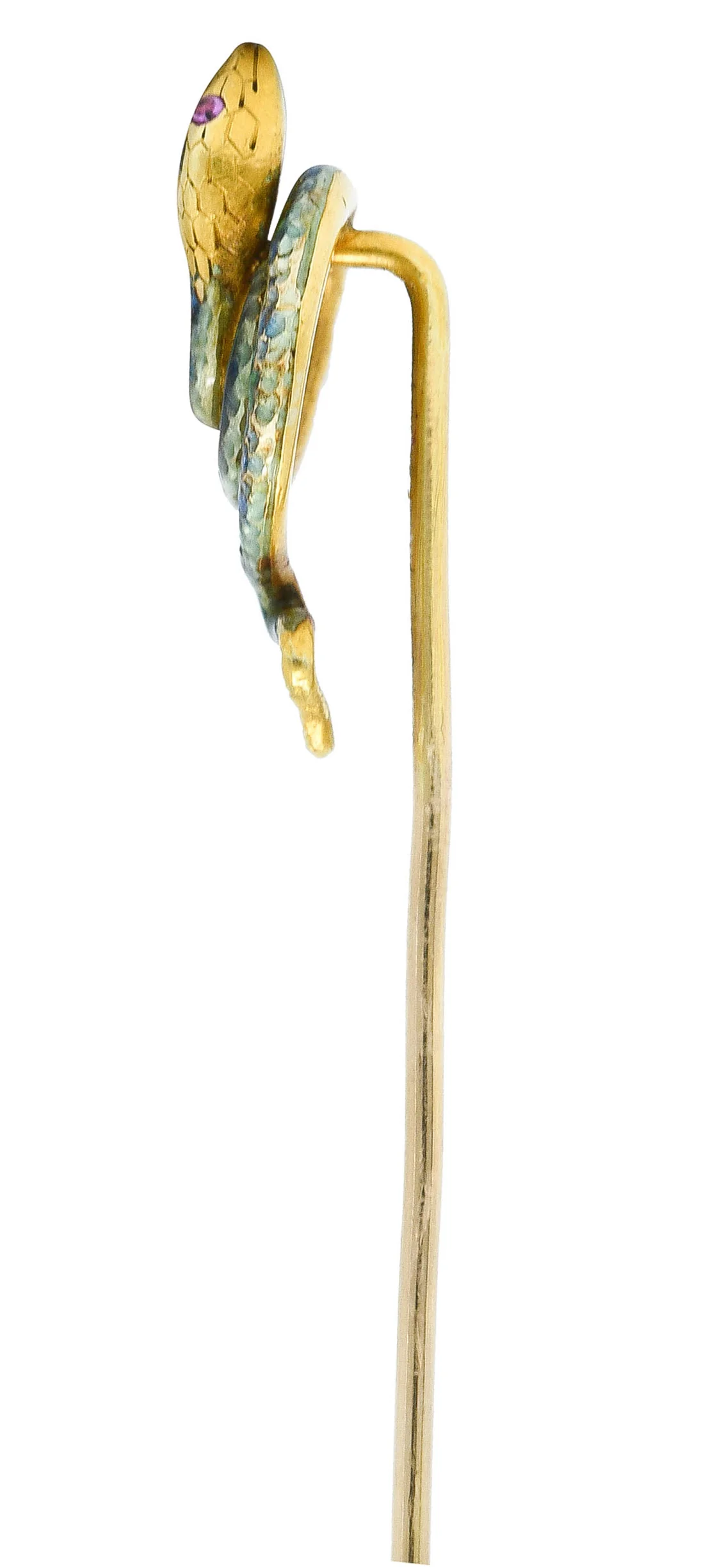 Riker Brothers Art Nouveau Enamel Demantoid Garnet 14 Karat Gold Snake Stickpin - Image 5