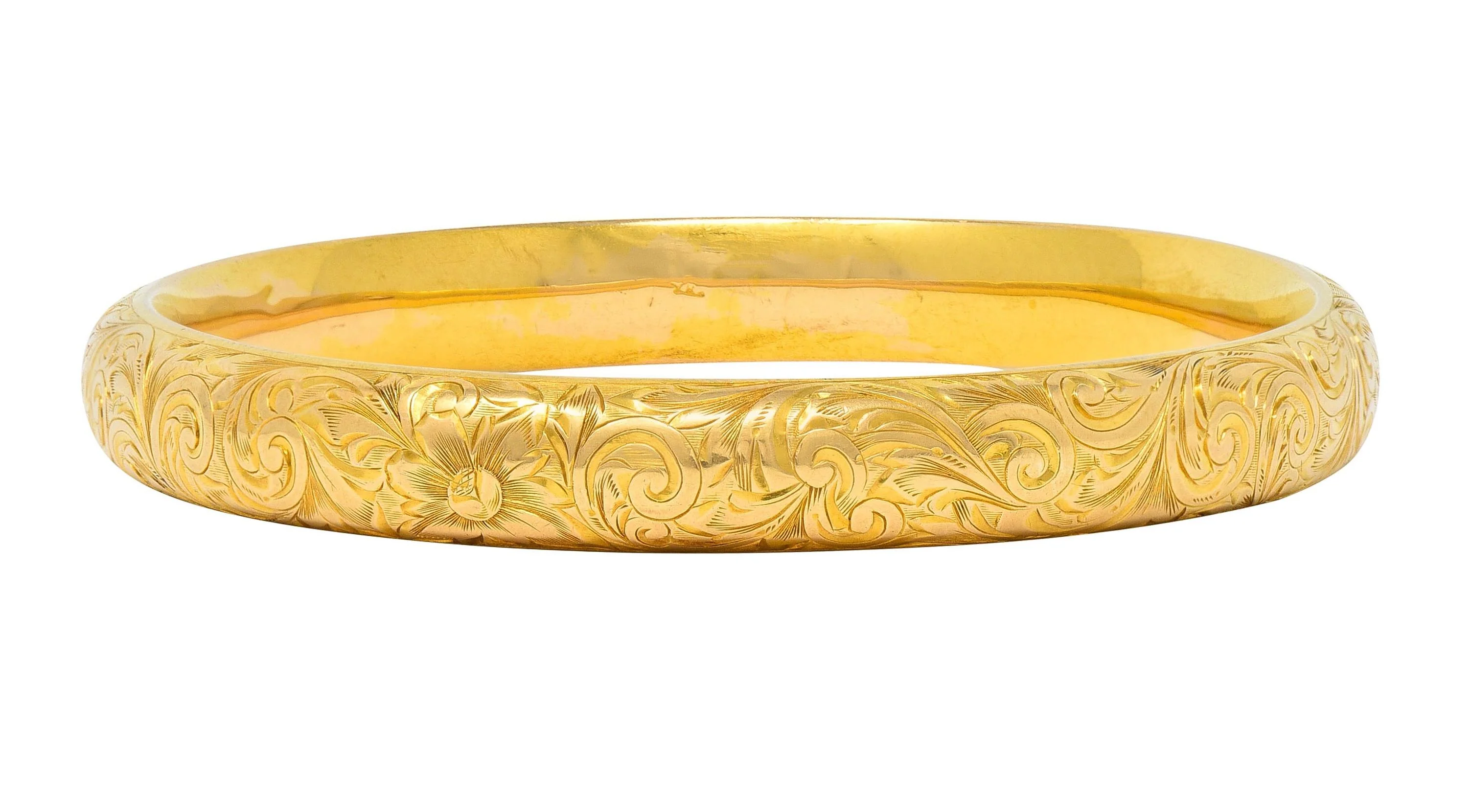 Riker Brothers Victorian 14 Karat Yellow Gold Scroll Antique Bangle Bracelet - Image 4