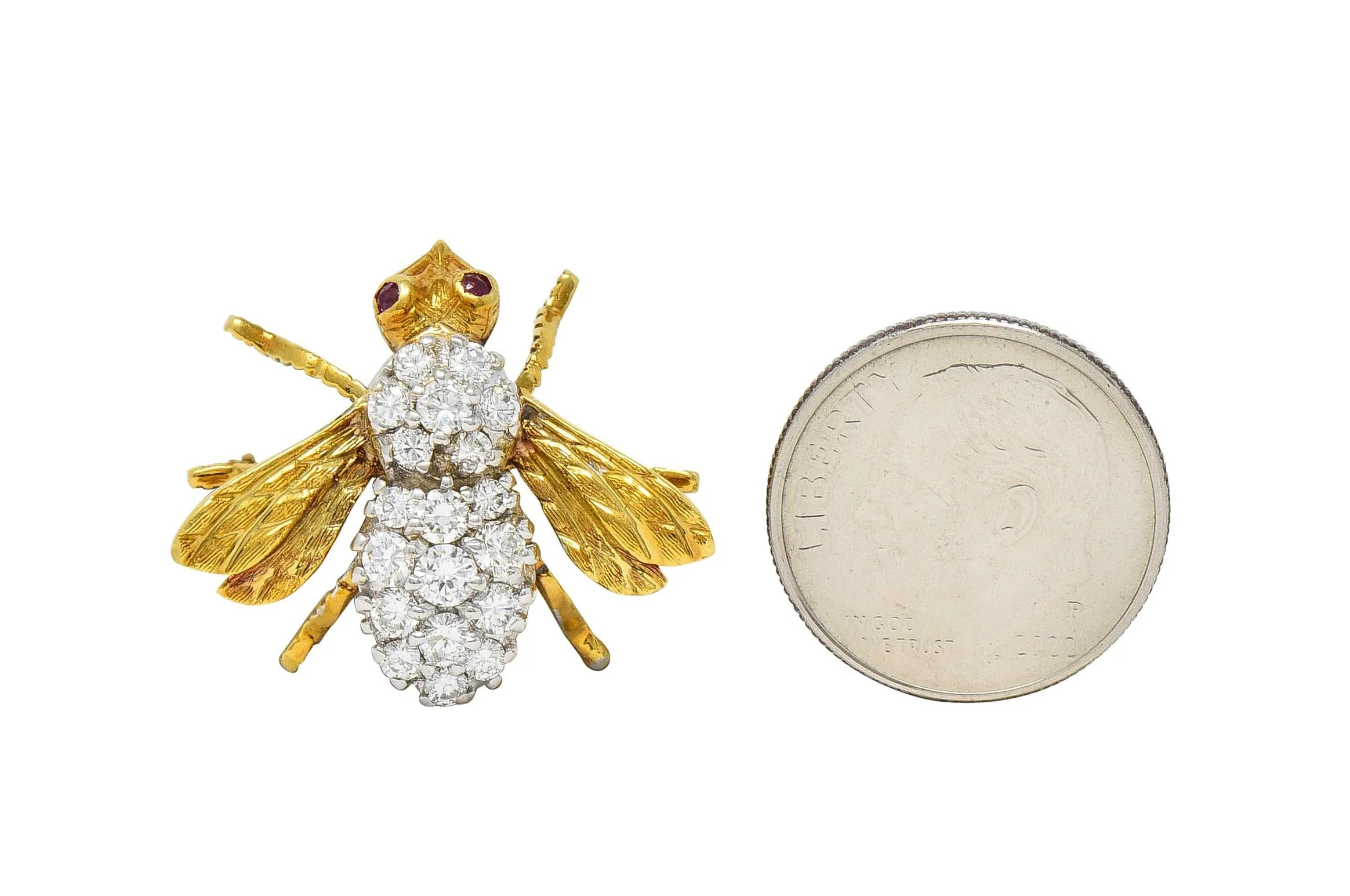 Rosenthal 1960's 1.16 CTW Diamond Ruby 18 Karat Two-Tone Gold Vintage Bee Bug Brooch - Image 6