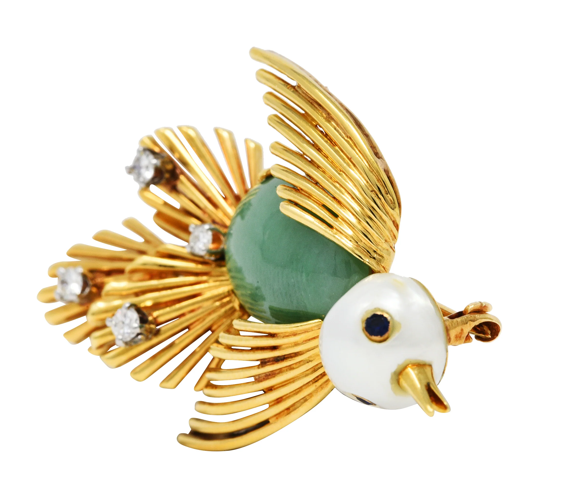 Ruser Jade Pearl Diamond Sapphire Platinum 18 Karat Gold Bird Brooch Circa 1960 - Image 2