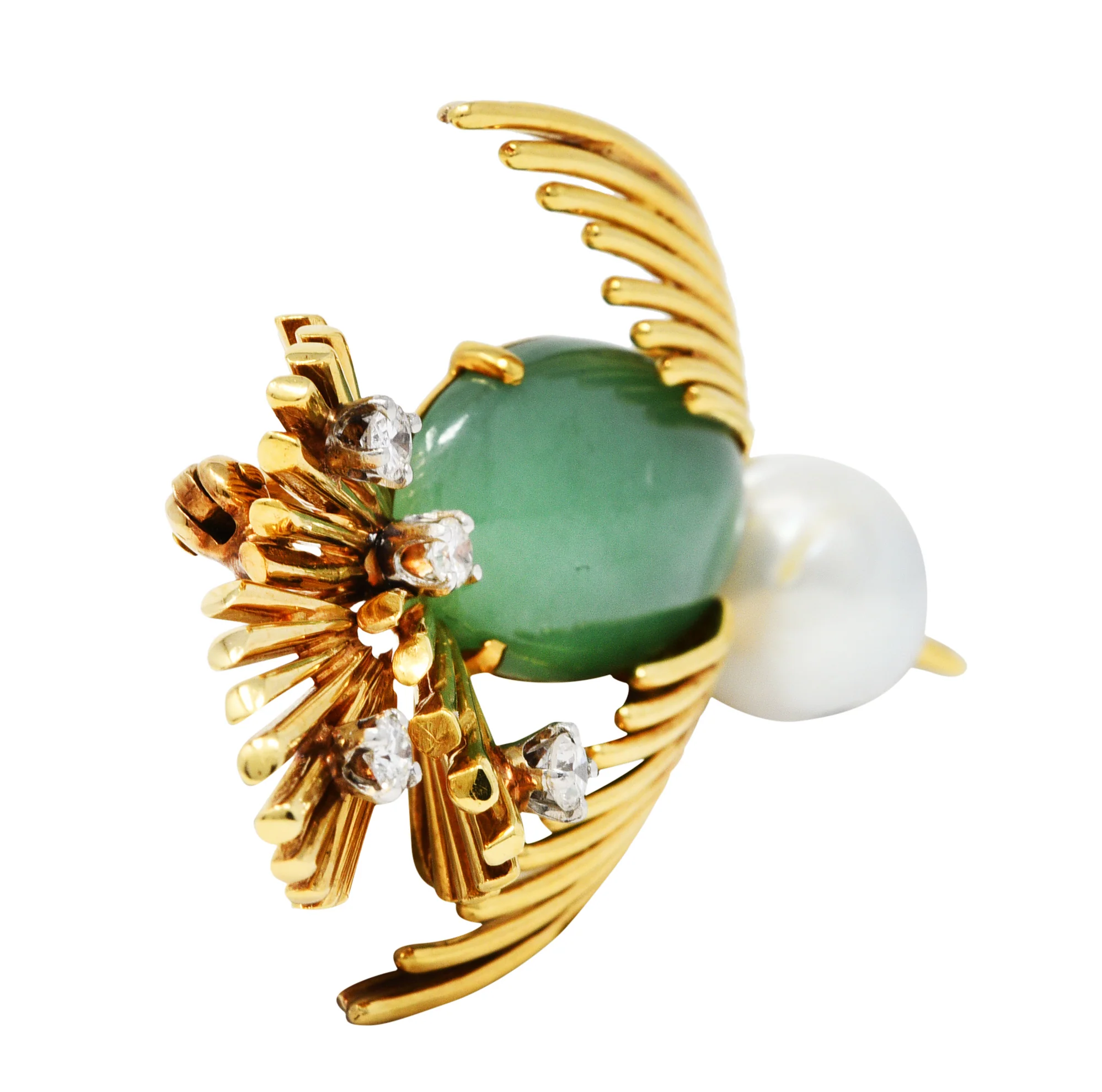 Ruser Jade Pearl Diamond Sapphire Platinum 18 Karat Gold Bird Brooch Circa 1960 - Image 3