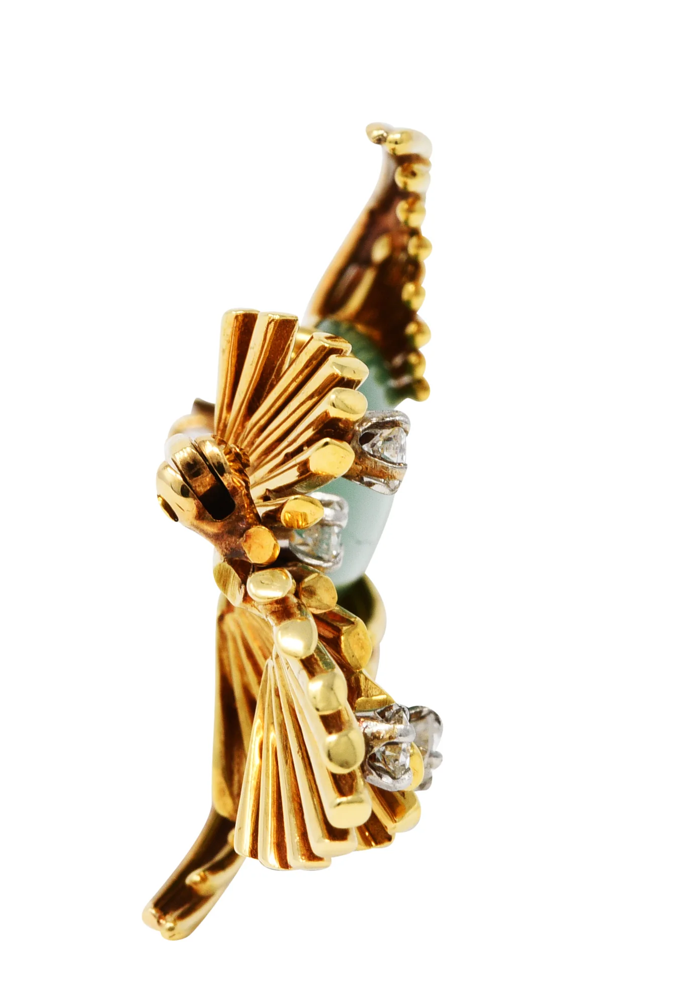 Ruser Jade Pearl Diamond Sapphire Platinum 18 Karat Gold Bird Brooch Circa 1960 - Image 4