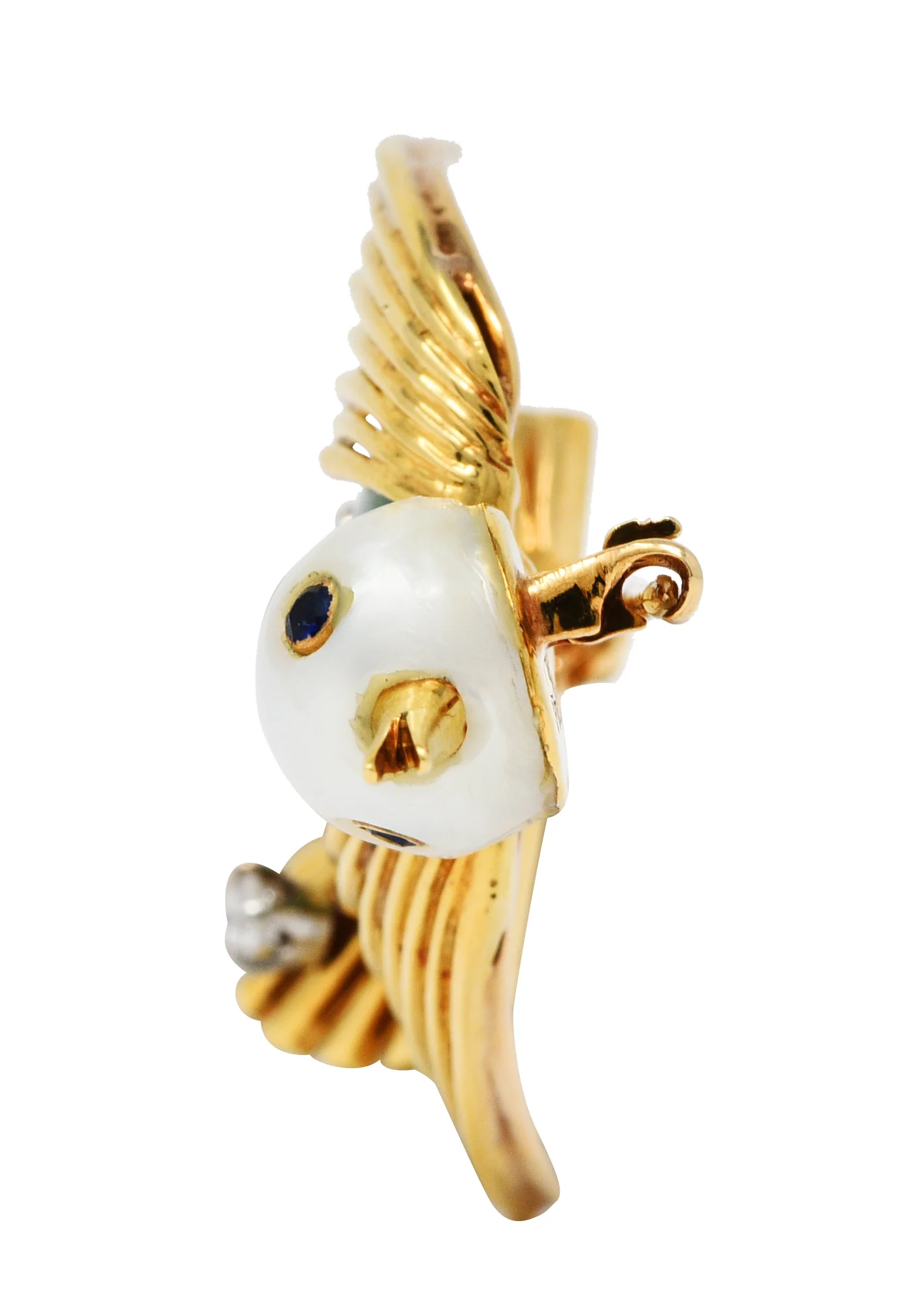 Ruser Jade Pearl Diamond Sapphire Platinum 18 Karat Gold Bird Brooch Circa 1960 - Image 5