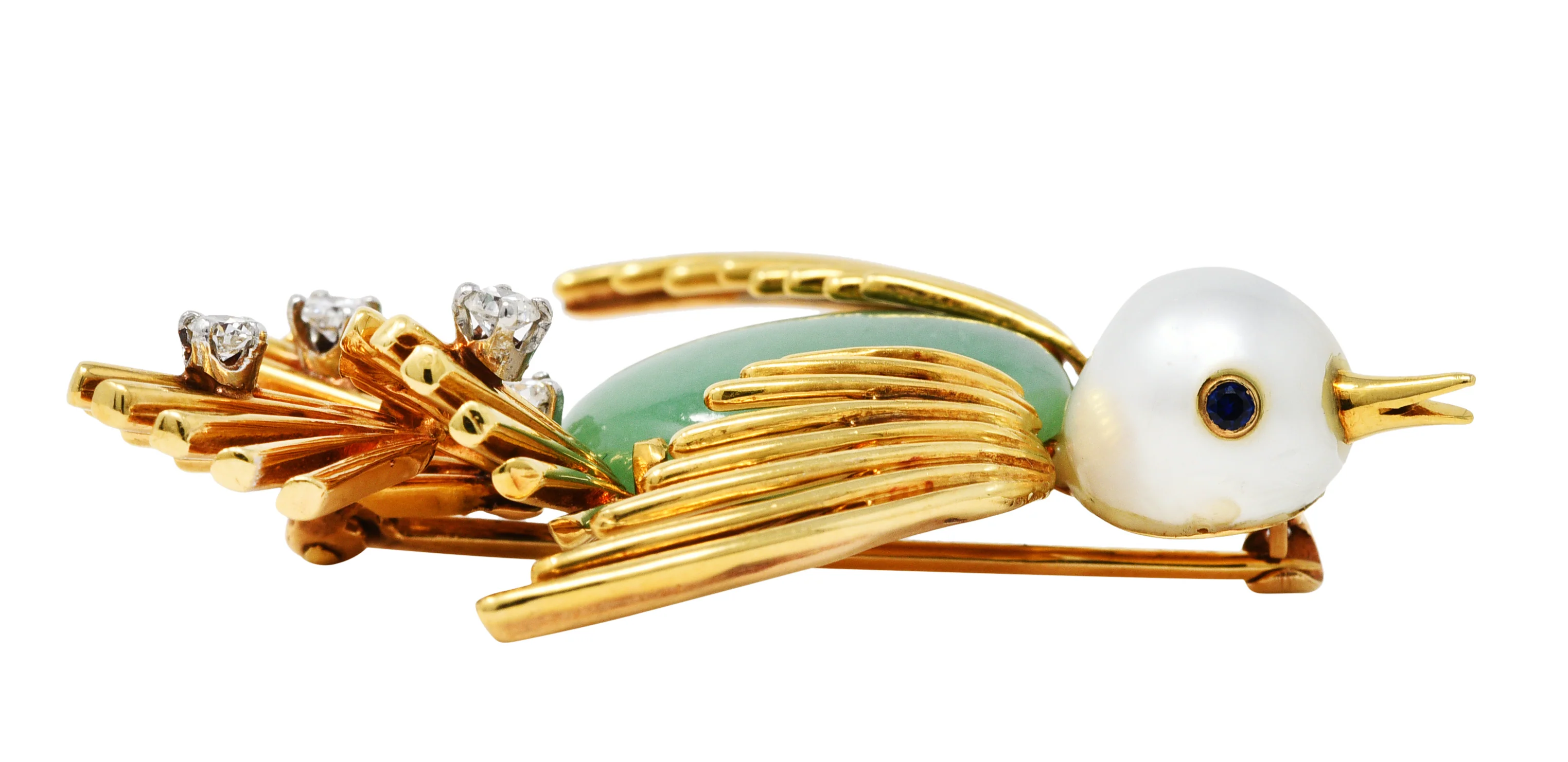 Ruser Jade Pearl Diamond Sapphire Platinum 18 Karat Gold Bird Brooch Circa 1960 - Image 7