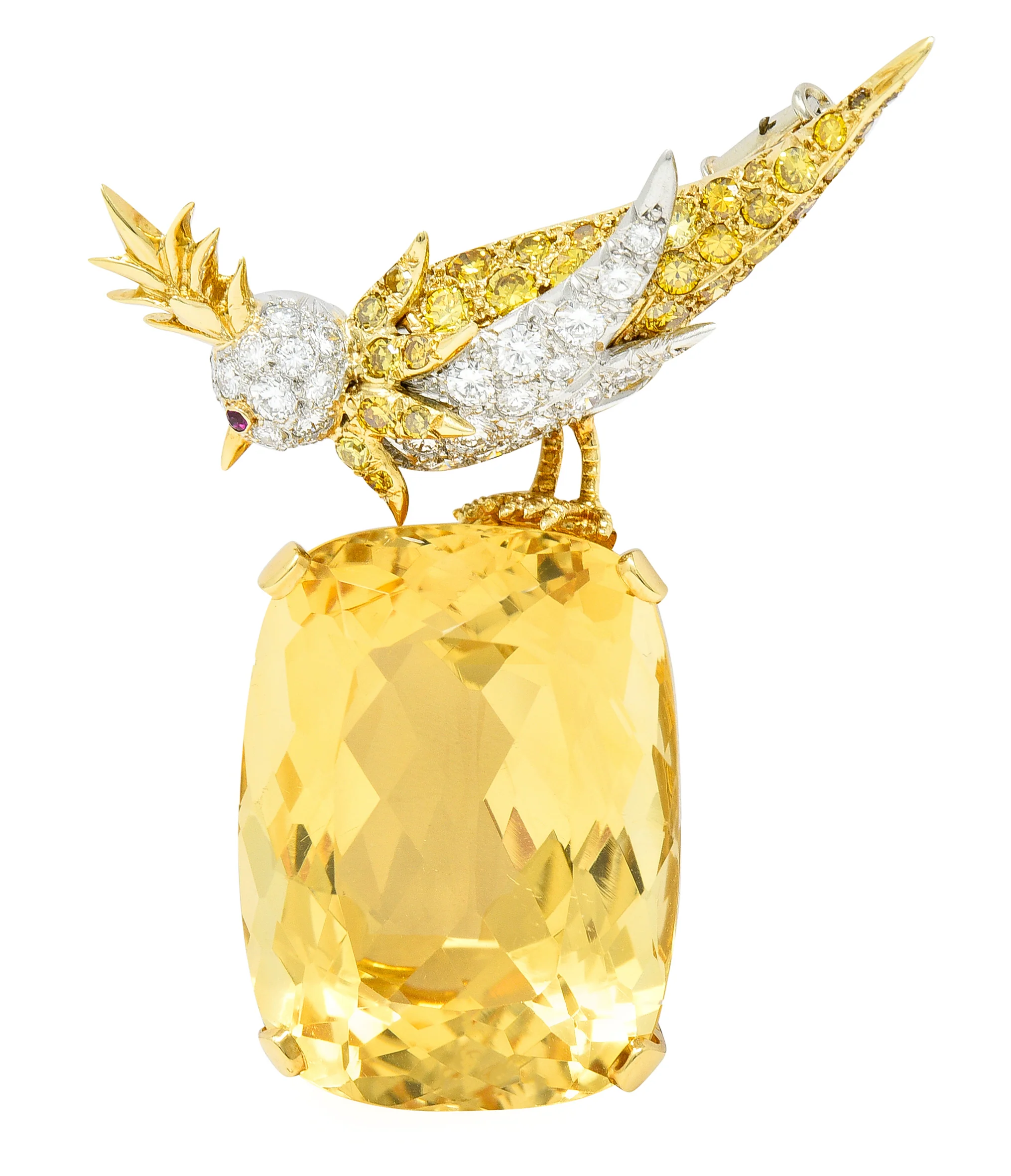 Schlumberger Tiffany & Co. Citrine Yellow Diamond Ruby Platinum 18 Karat Yellow Gold Vintage Bird On A Rock Brooch