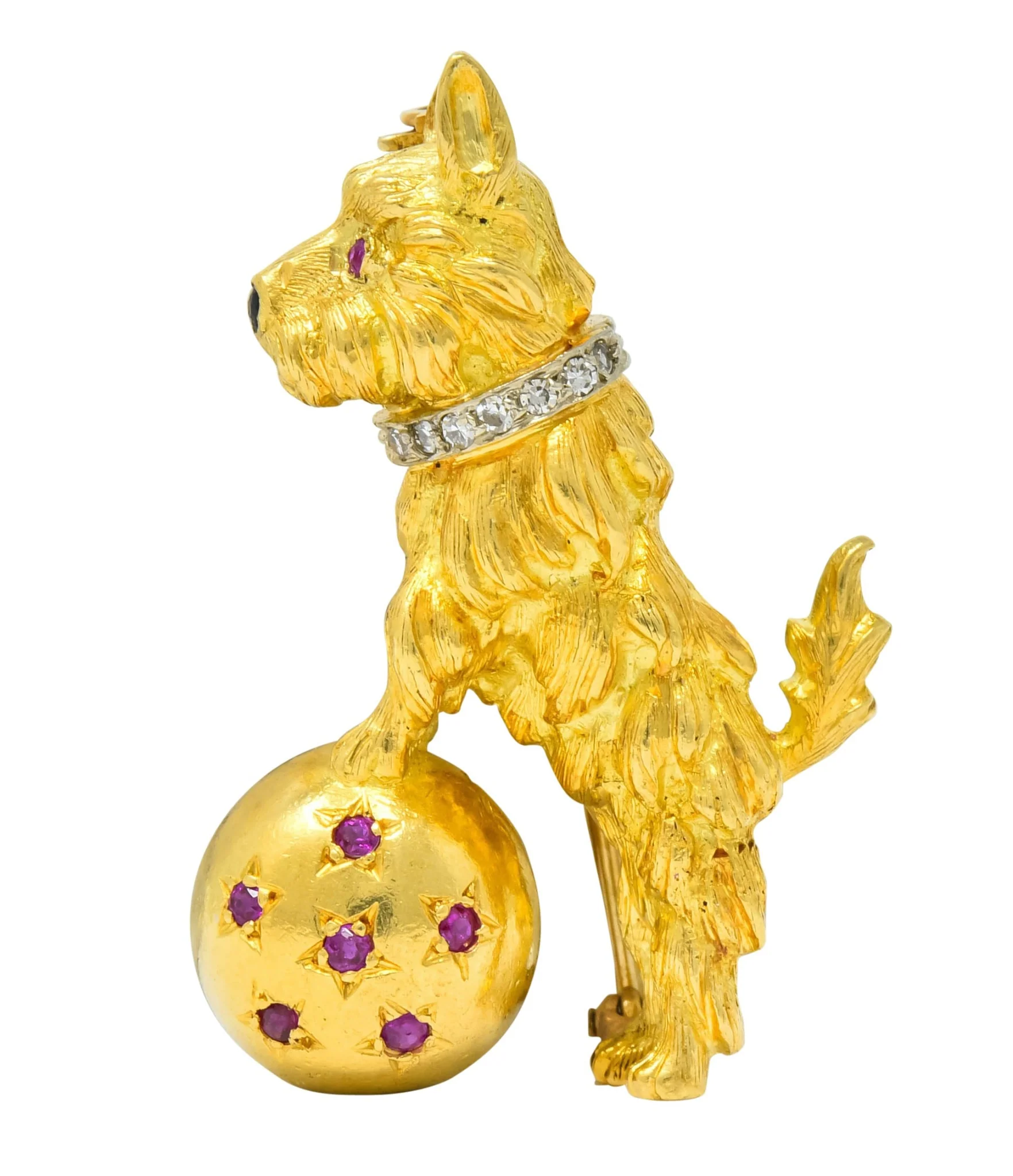 Spitzer & Furman Retro 18 Karat Yellow Gold Diamond Ruby Dog and Ball Brooch - Image 2