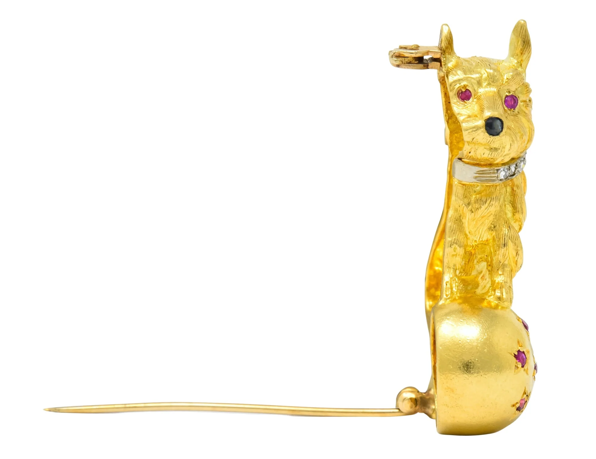 Spitzer & Furman Retro 18 Karat Yellow Gold Diamond Ruby Dog and Ball Brooch - Image 8