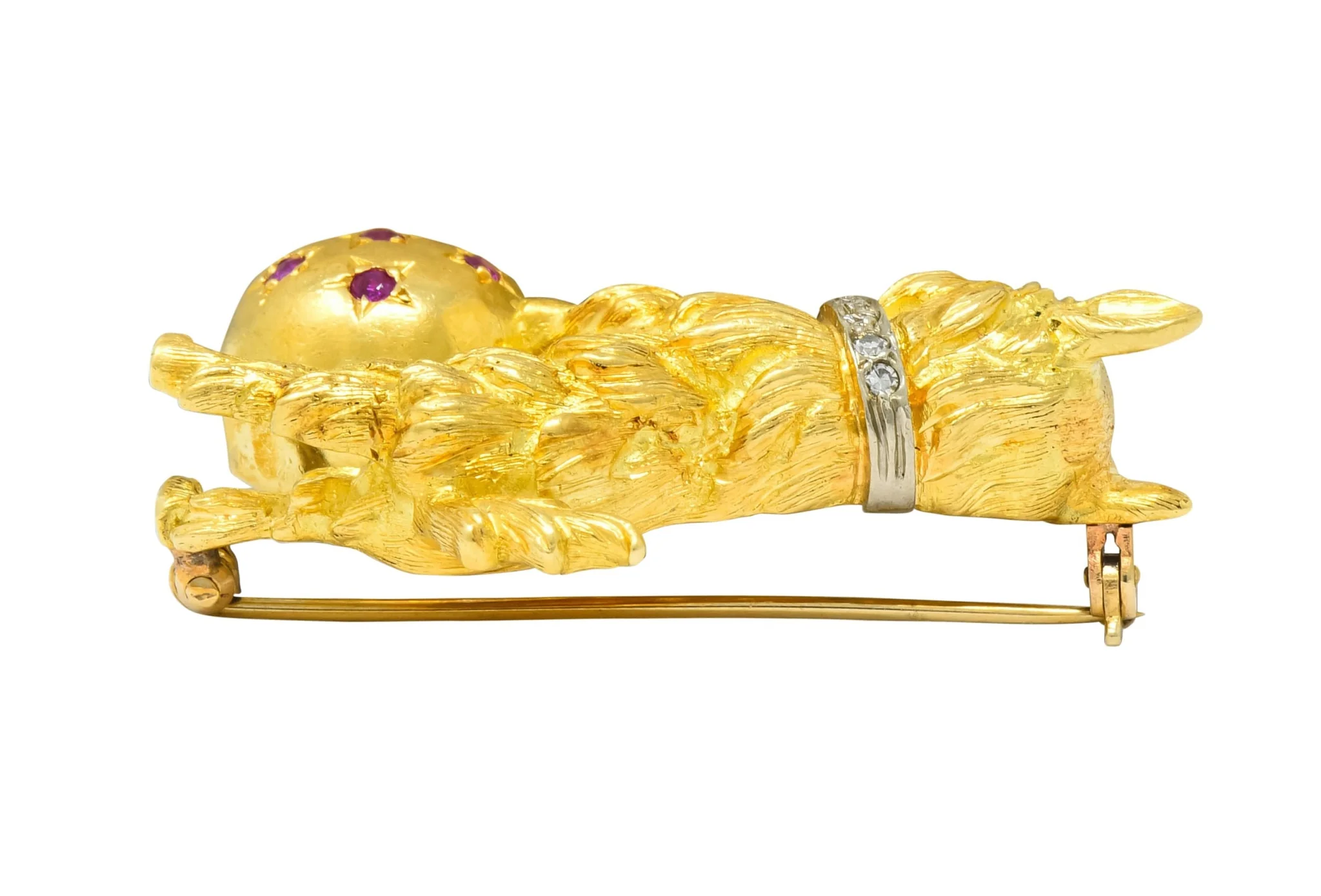 Spitzer & Furman Retro 18 Karat Yellow Gold Diamond Ruby Dog and Ball Brooch - Image 9