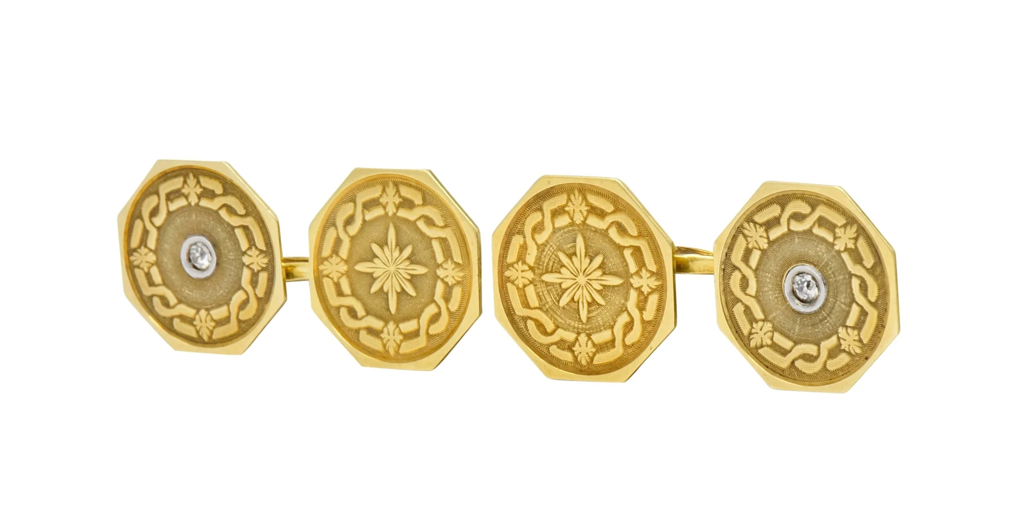 Strobell & Crane 1915 Edwardian Old European Diamond 14 Karat Gold Men's Disk Cufflinks - Image 2