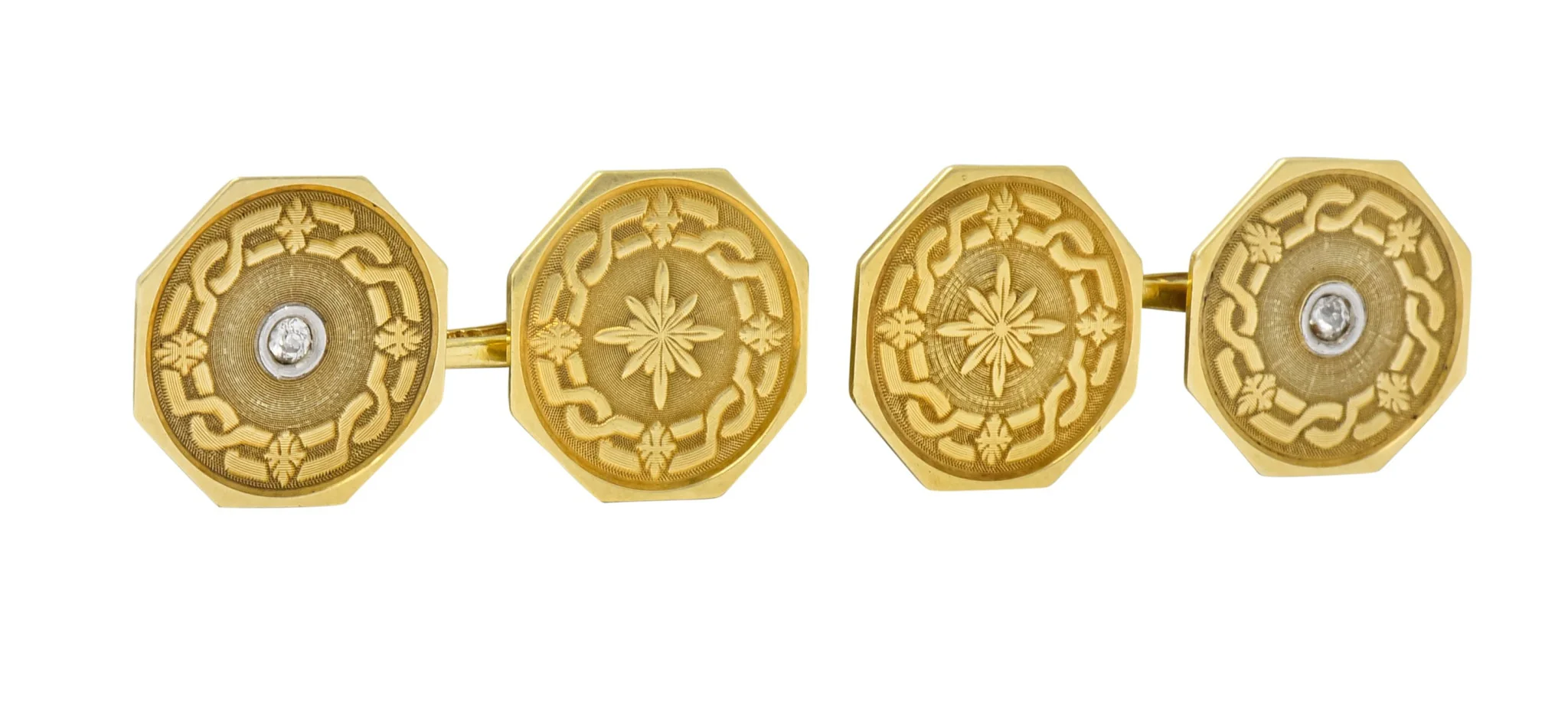 Strobell & Crane 1915 Edwardian Old European Diamond 14 Karat Gold Men's Disk Cufflinks - Image 3