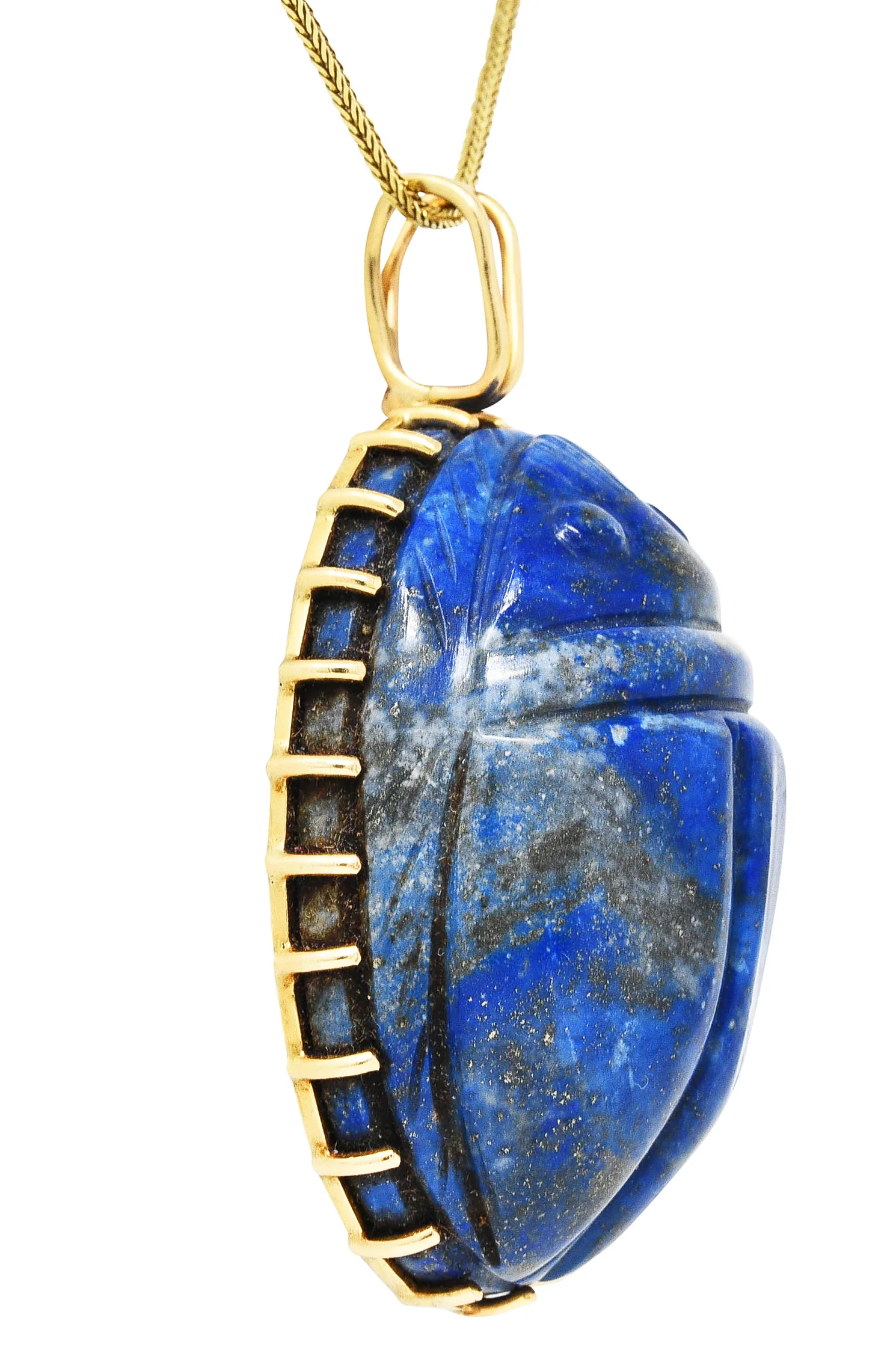 Substantial 1970's Lapis Lazuli 14 Karat Gold Scarab Pendant Necklace - Image 12