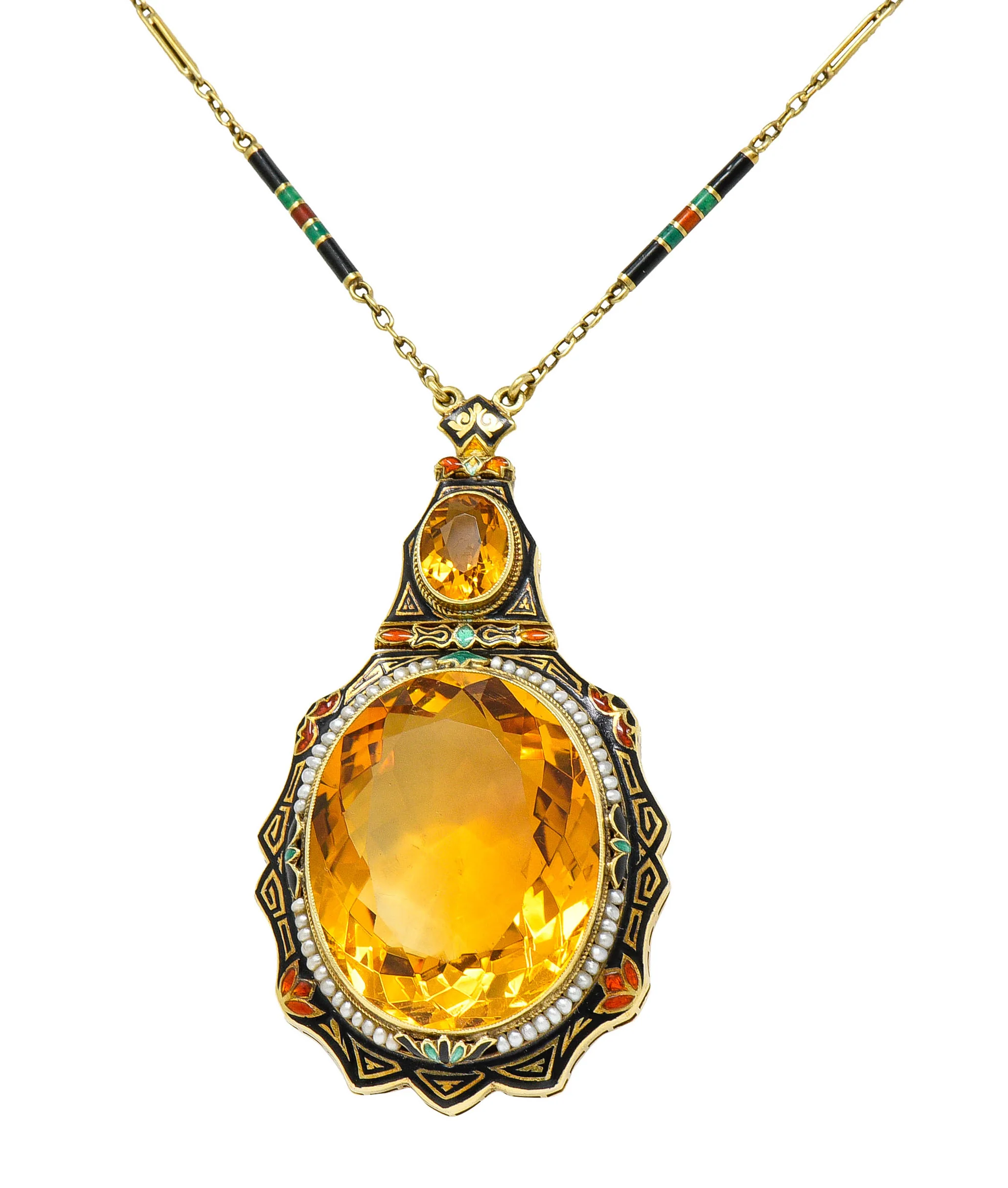 Substantial Art Deco Citrine Pearl Enamel 14 Karat Gold Statement Sautoir Necklace - Image 11