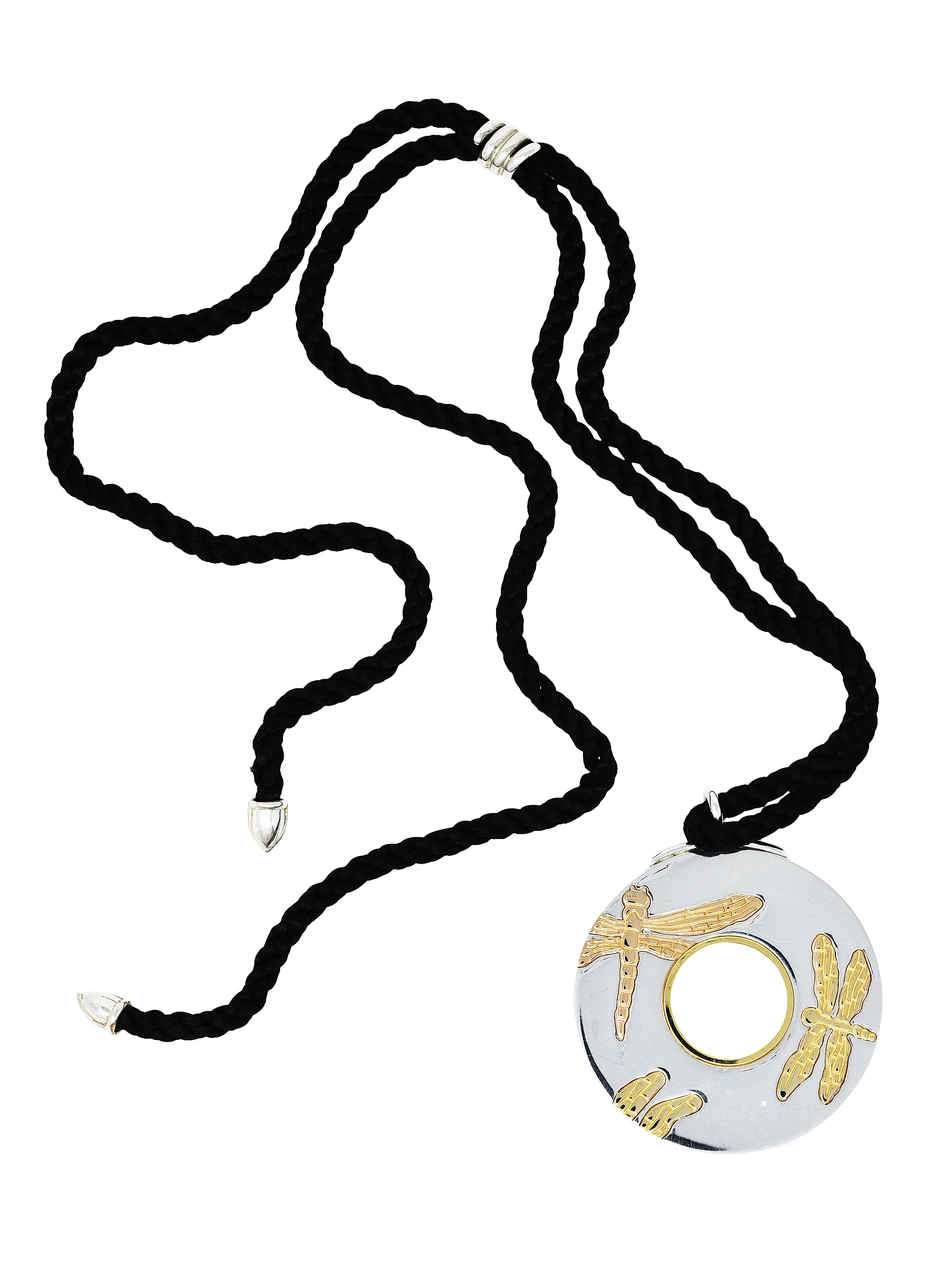 Tiffany & Co. 18 Karat Gold Sterling Silver Silk Cord Dragonfly Pendant Necklace - Image 3