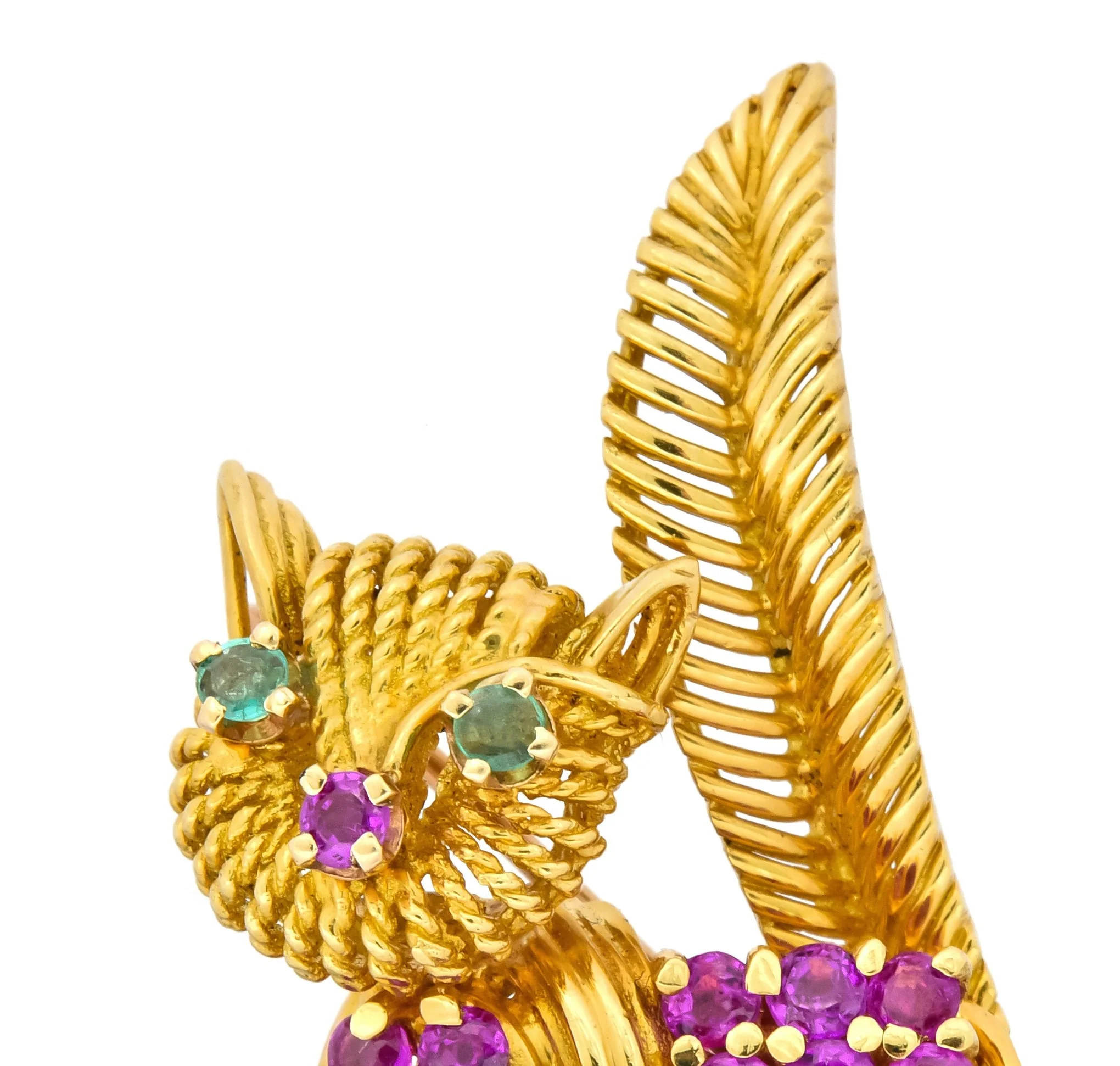 Tiffany & Co. 1960's 1.50 CTW Ruby Emerald 18 Karat Yellow Gold Prancing Cat Brooch - Image 4