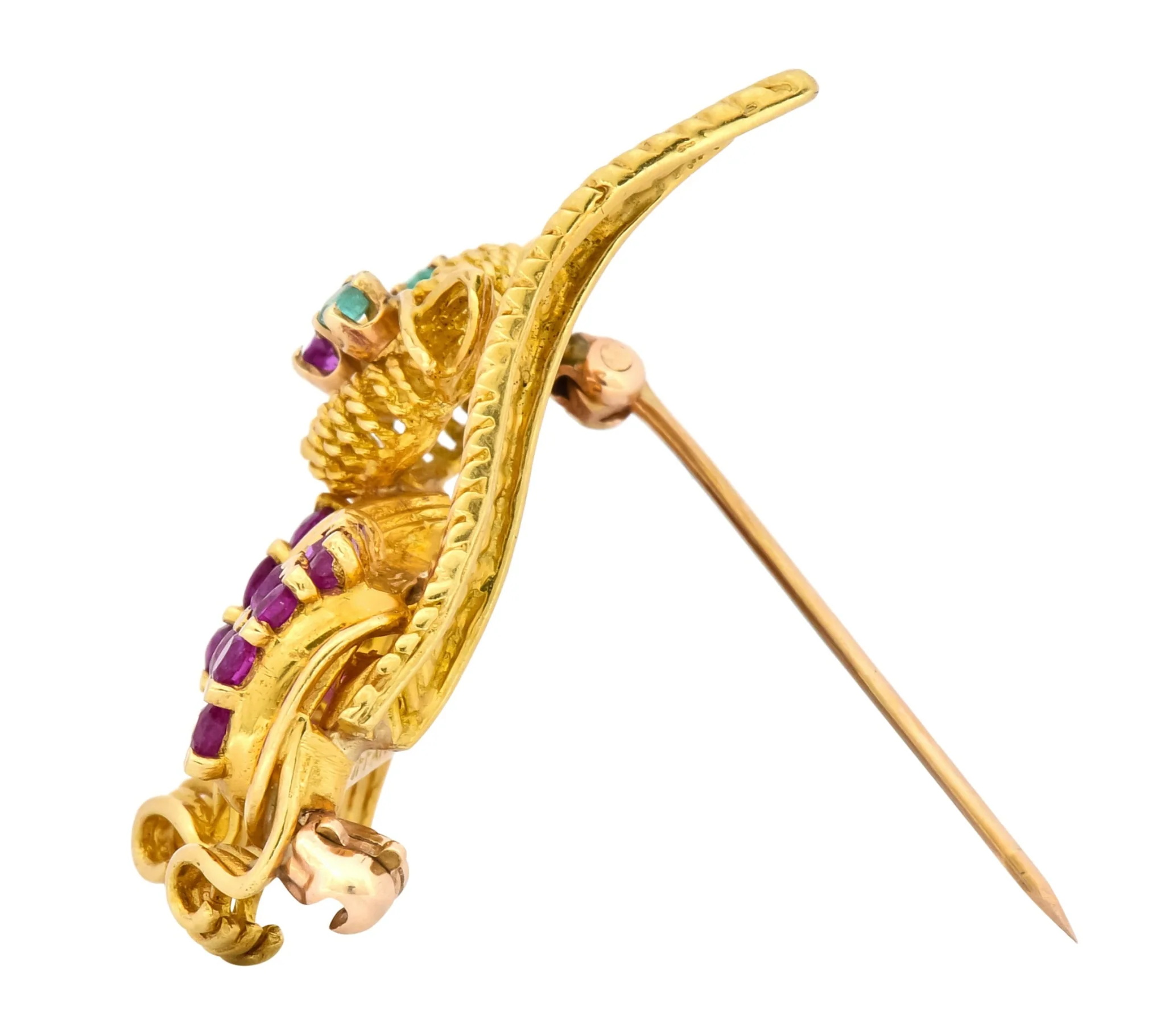 Tiffany & Co. 1960's 1.50 CTW Ruby Emerald 18 Karat Yellow Gold Prancing Cat Brooch - Image 8