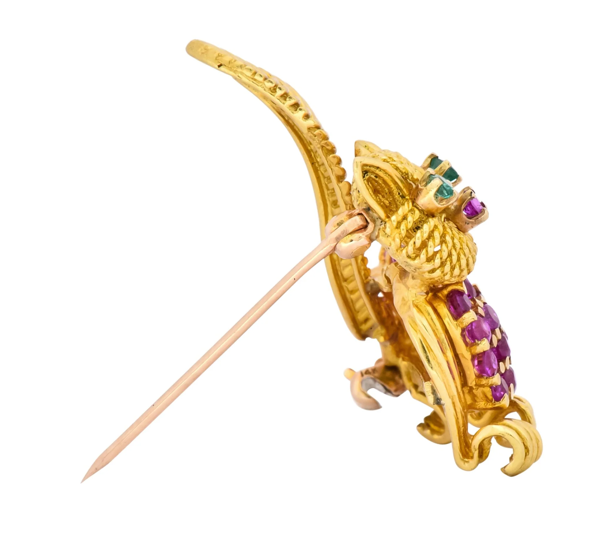 Tiffany & Co. 1960's 1.50 CTW Ruby Emerald 18 Karat Yellow Gold Prancing Cat Brooch - Image 9