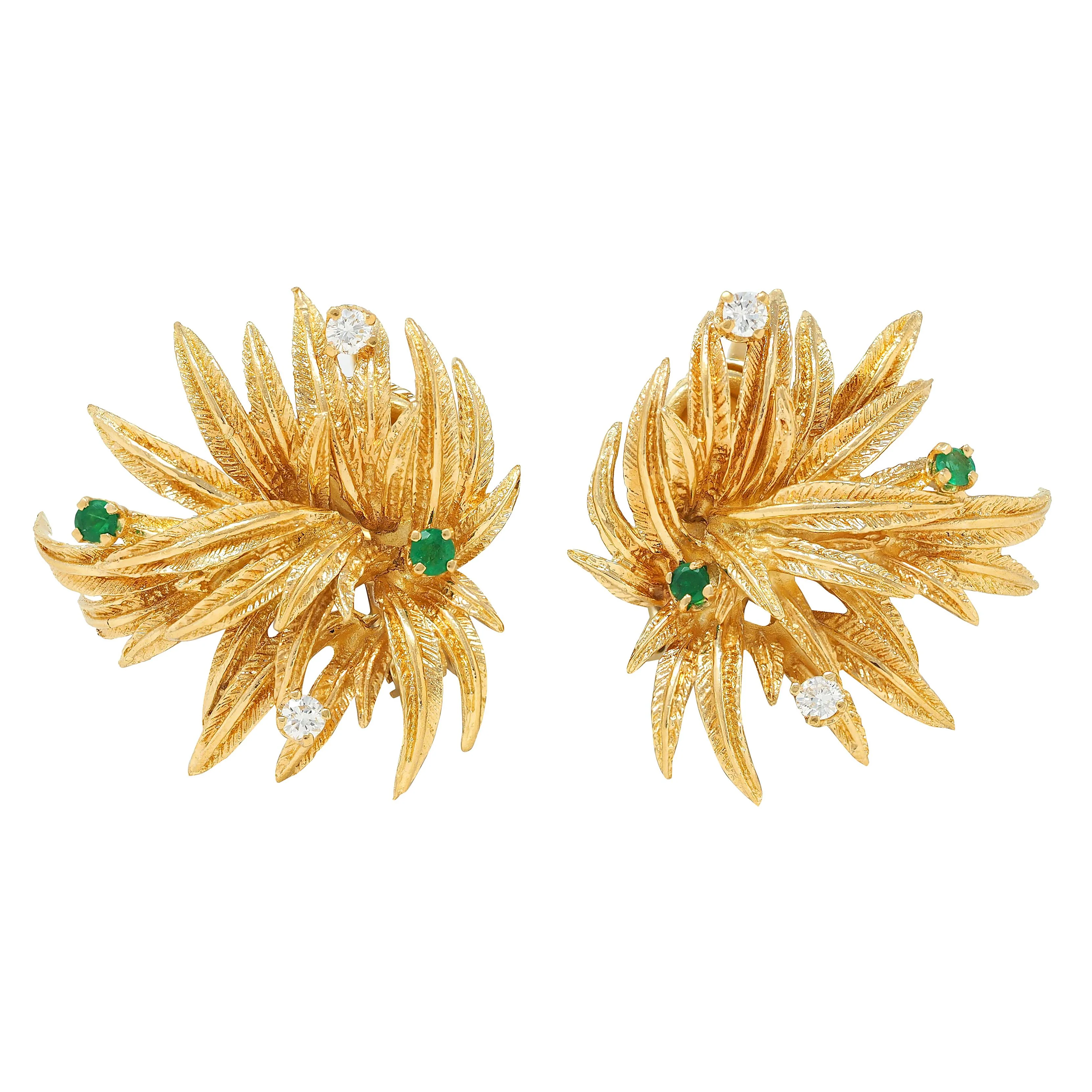 Tiffany & Co. 1960s Emerald Diamond 18 Karat Yellow Gold Vintage Foliate Earrings