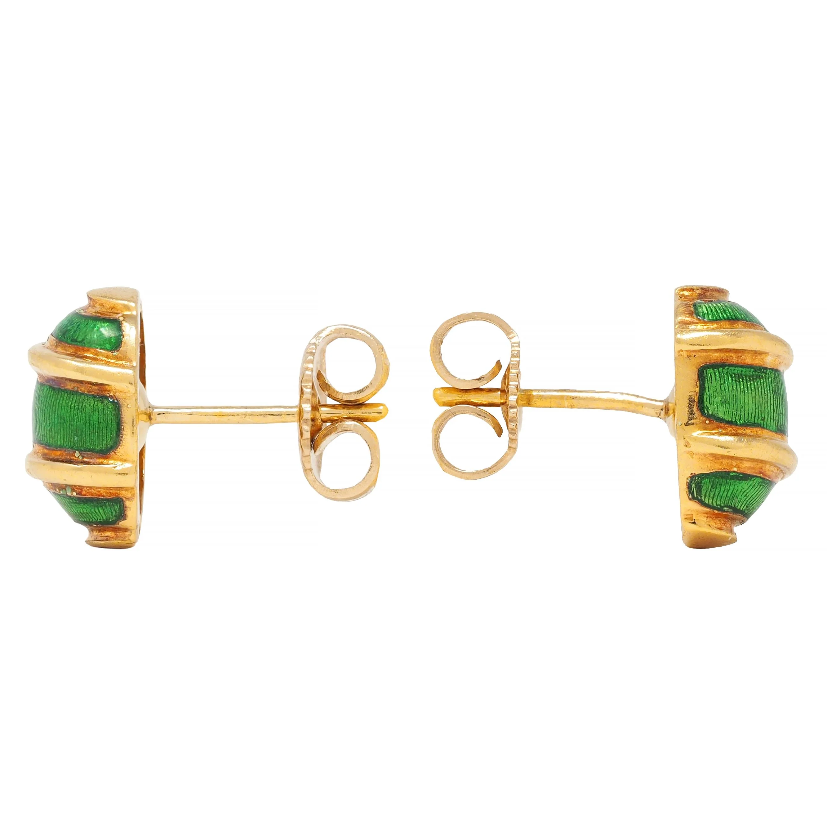 Tiffany & Co. 1960's Green Enamel 18 Karat Gold Vintage Stud Earrings - Image 3