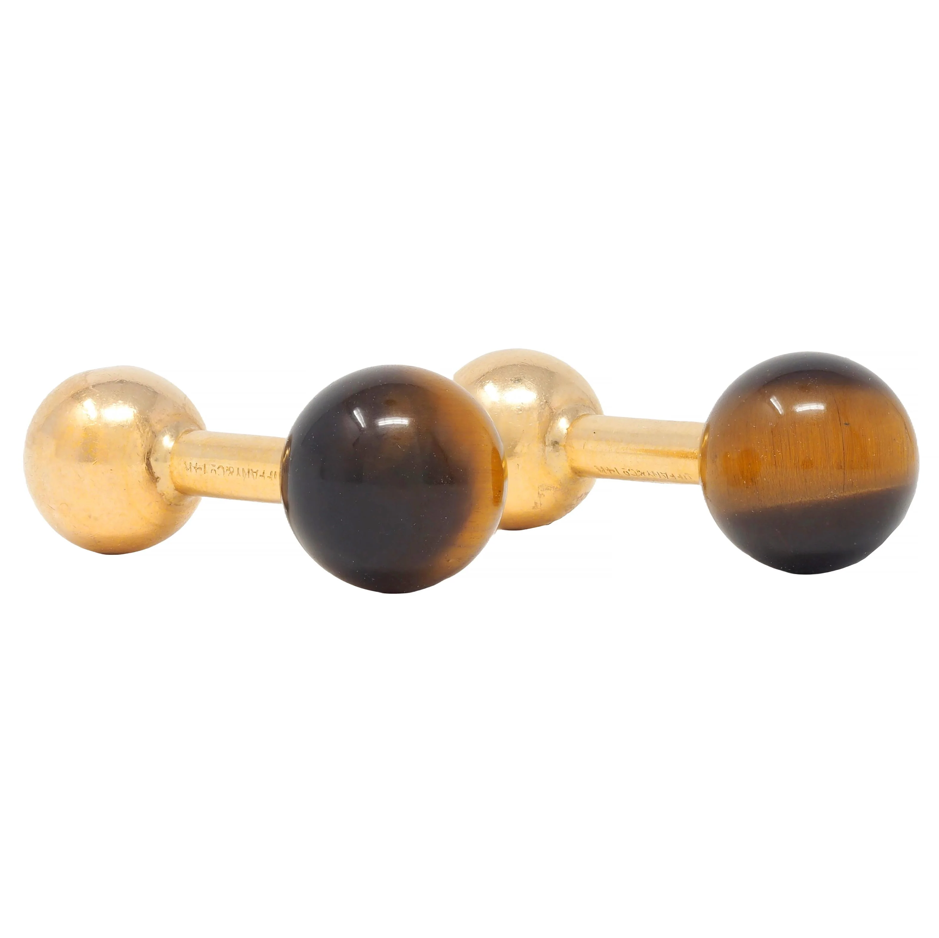 Tiffany & Co. 1960's Tiger's Eye 14 Karat Yellow Gold Vintage Barbell Cufflinks - Image 3