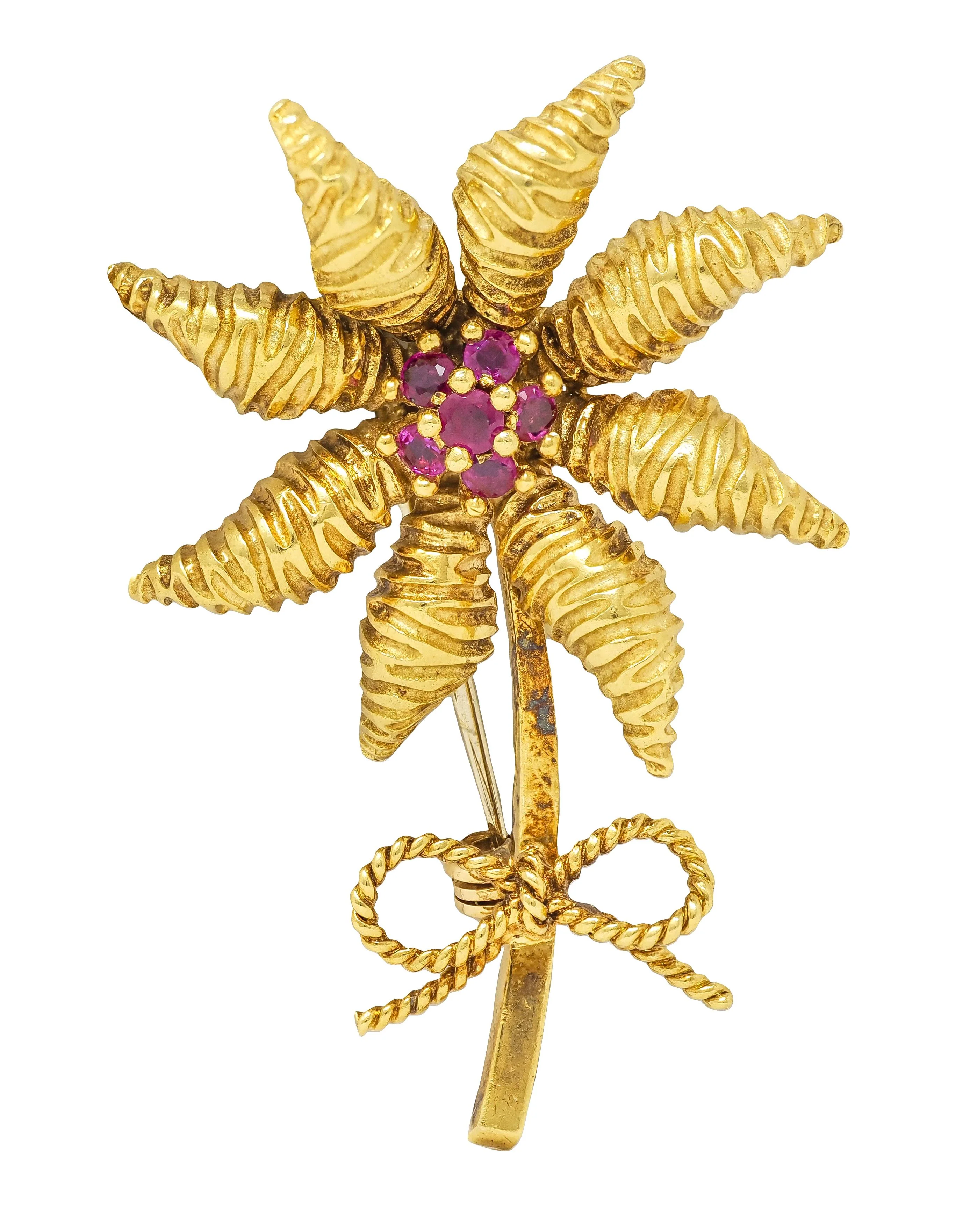 Tiffany & Co. 1970's Ruby 18 Karat Yellow Gold Vintage Flower Brooch