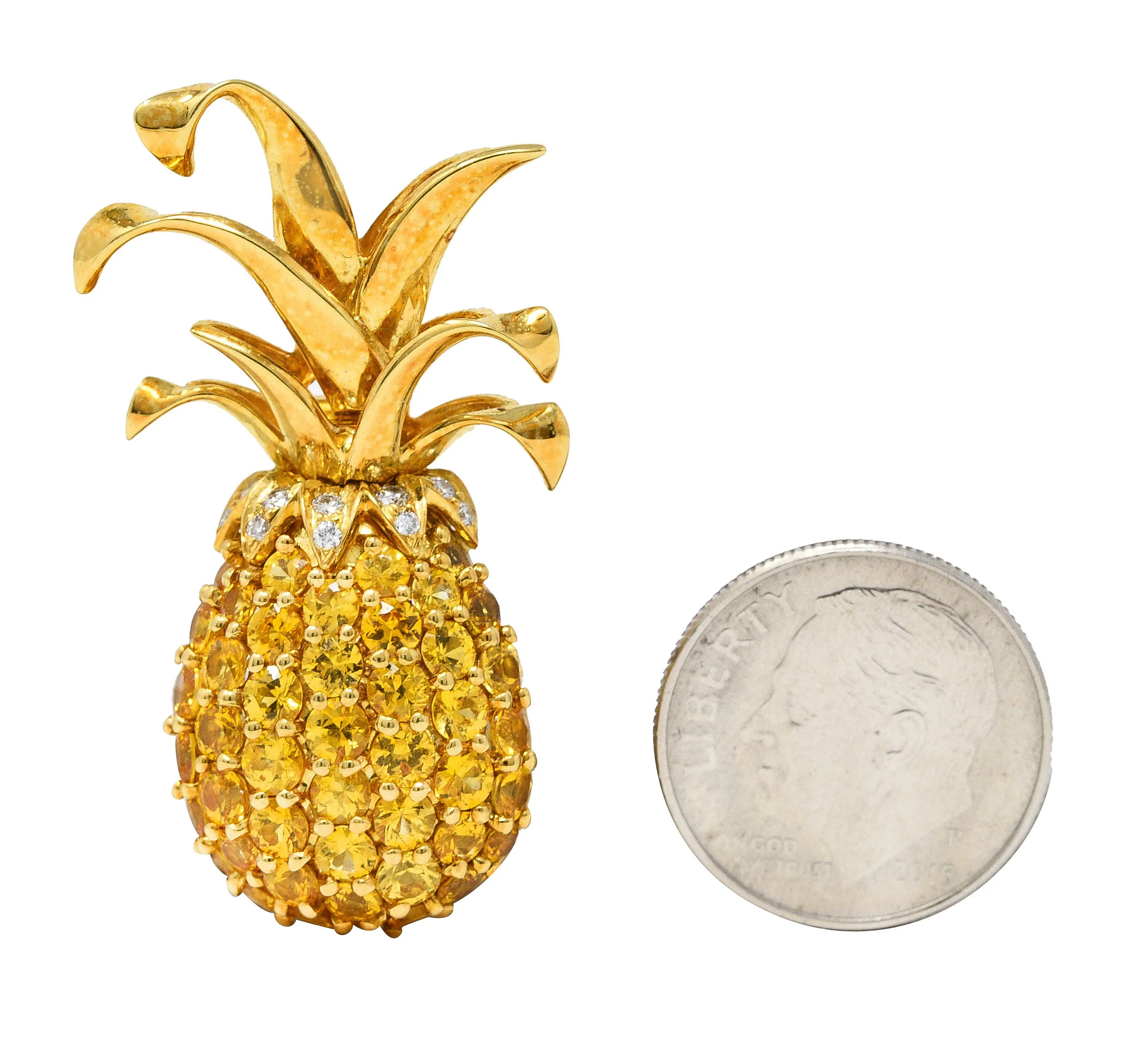 Tiffany & Co. 4.60 CTW Diamond Yellow Sapphire 18 Karat Yellow Gold Pineapple Vintage Fruit Brooch - Image 8