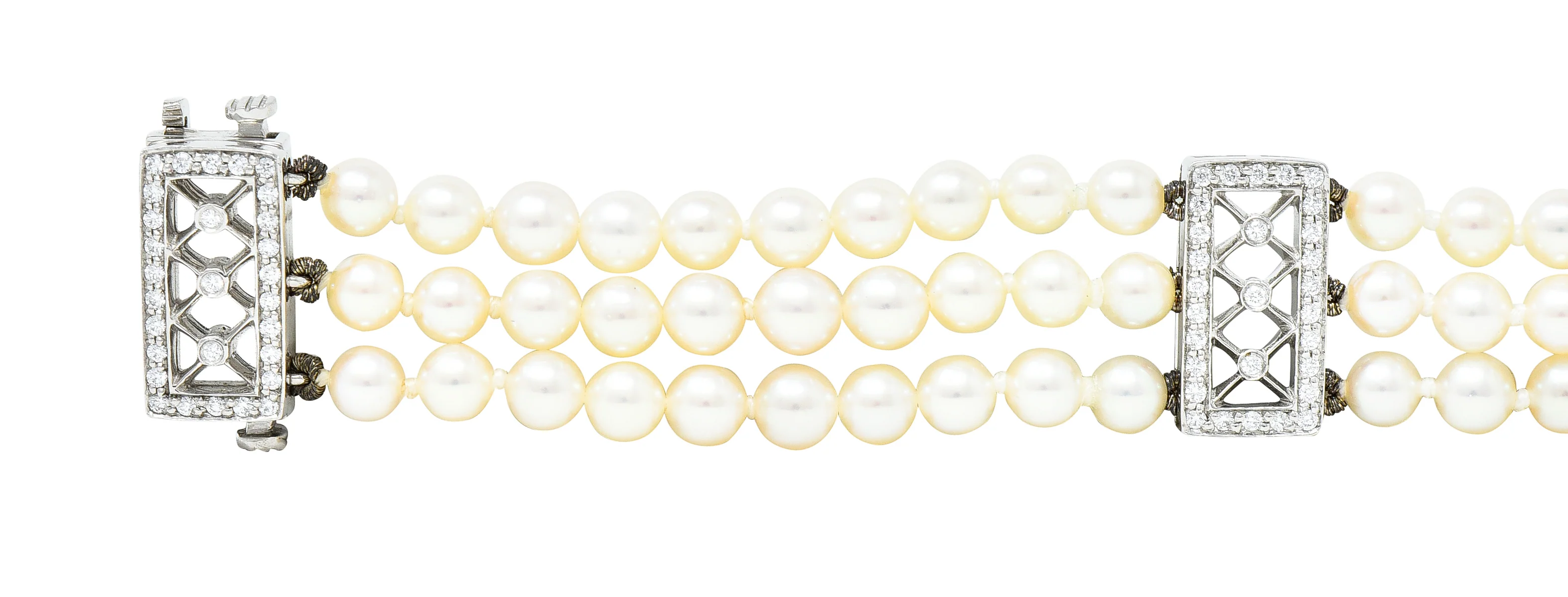 Tiffany & Co. Diamond Pearl Platinum Voile Three Strand Station Bracelet - Image 3