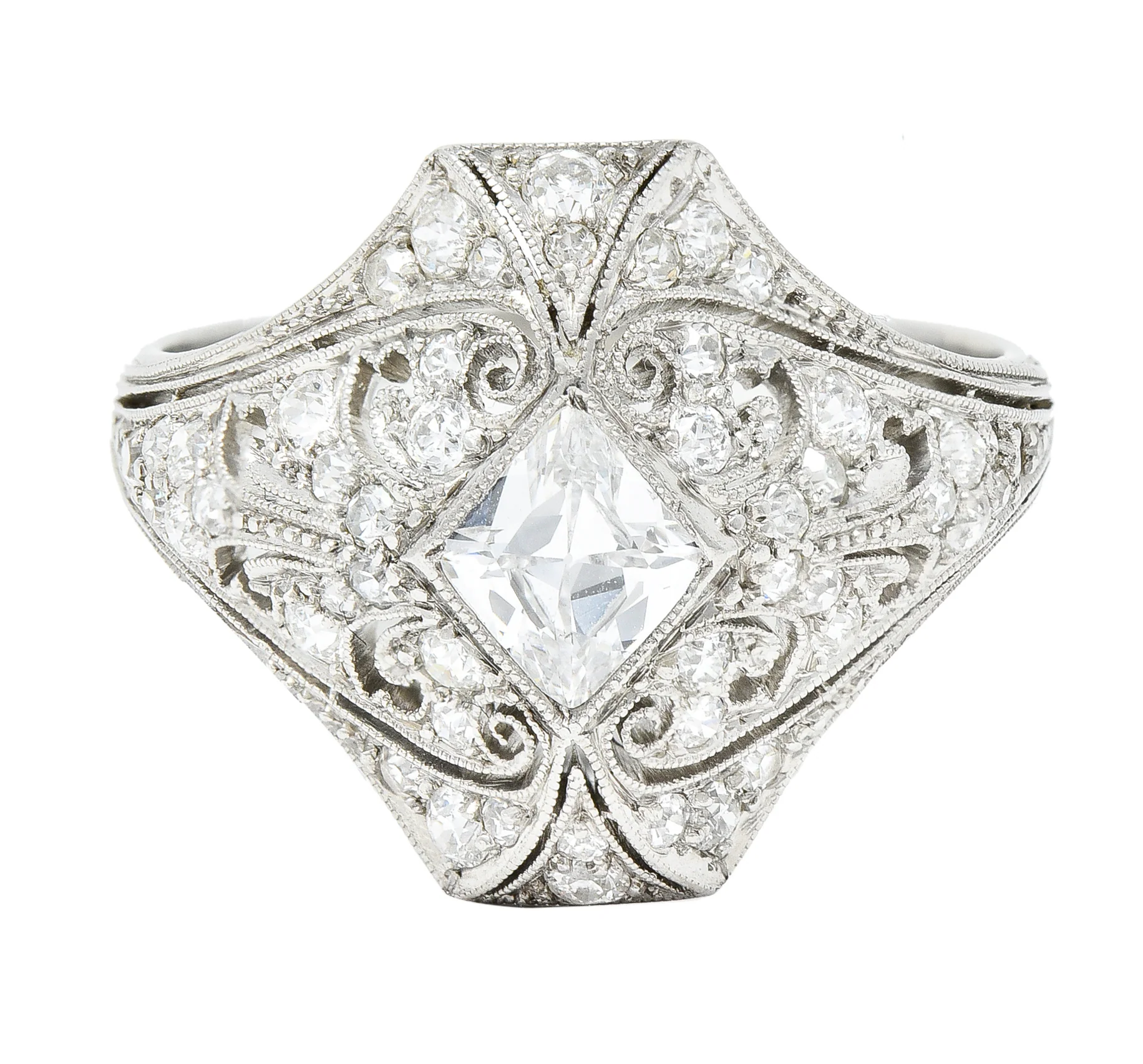 Tiffany & Co. Edwardian French Cut Diamond Platinum Scrolling Antique Dinner Ring