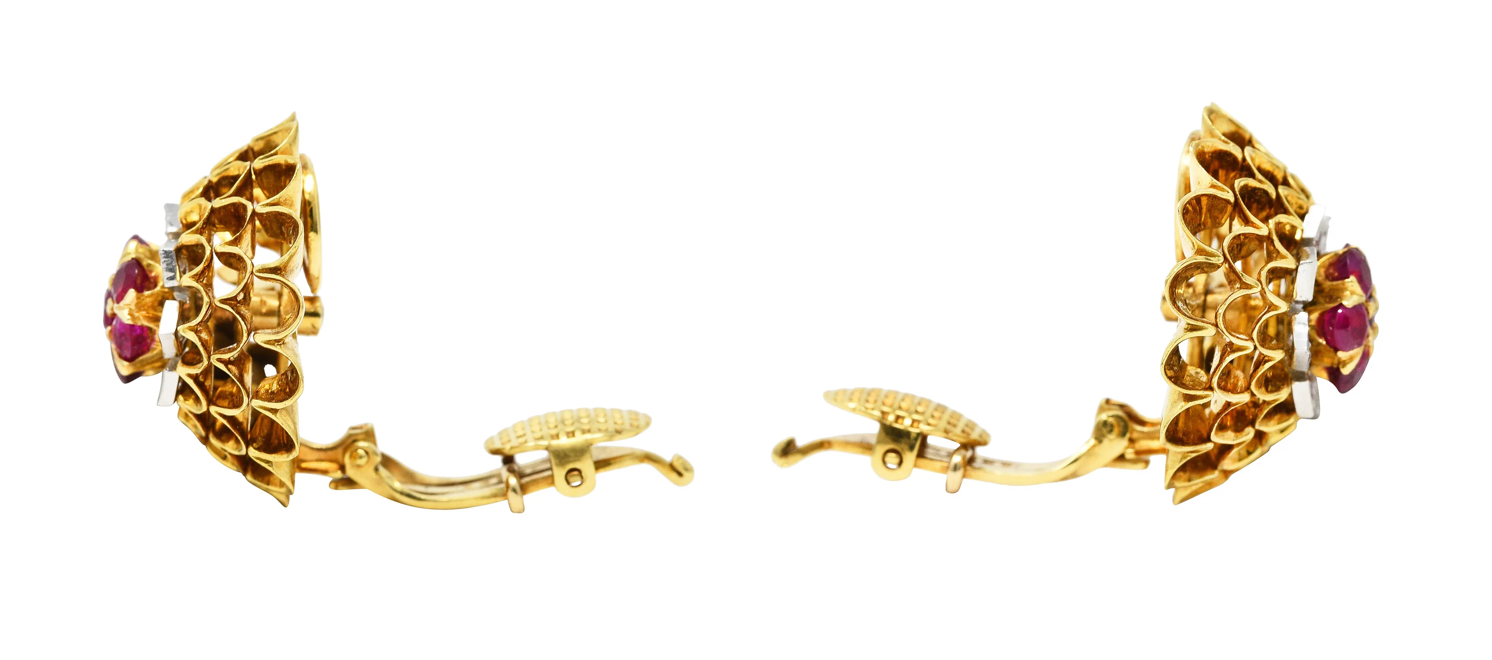 Tiffany & Co. Mid-Century Ruby Diamond Platinum 18 Karat Yellow Gold Dahlia Vintage Ear-Clip Earrings - Image 5