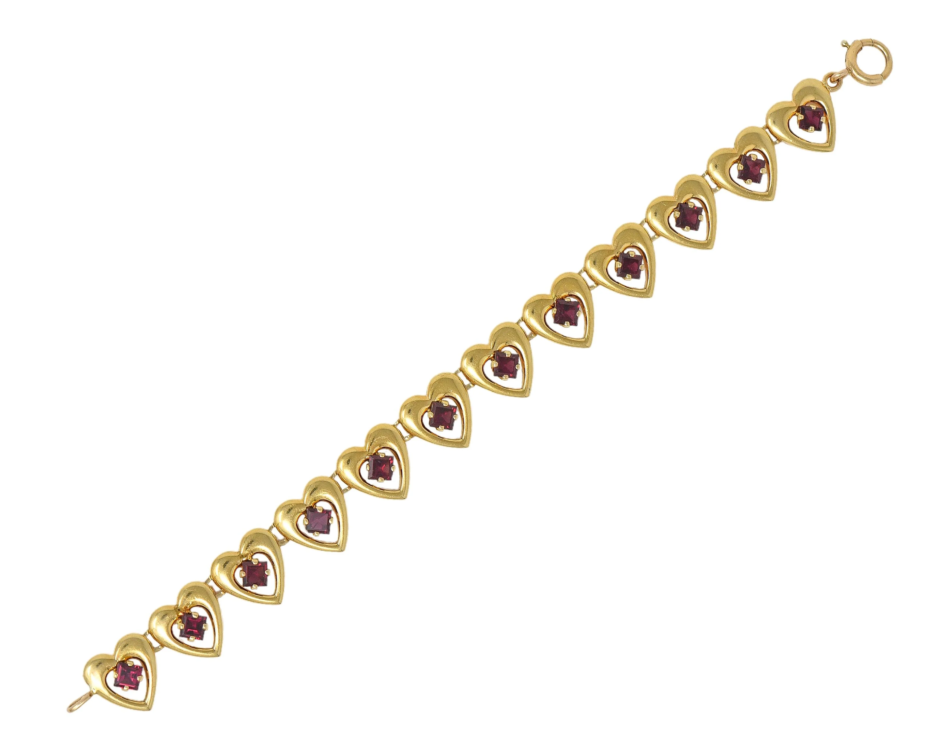 Tiffany & Co. Retro 1940's Garnet 14 Karat Yellow Gold Vintage Heart Bracelet - Image 2