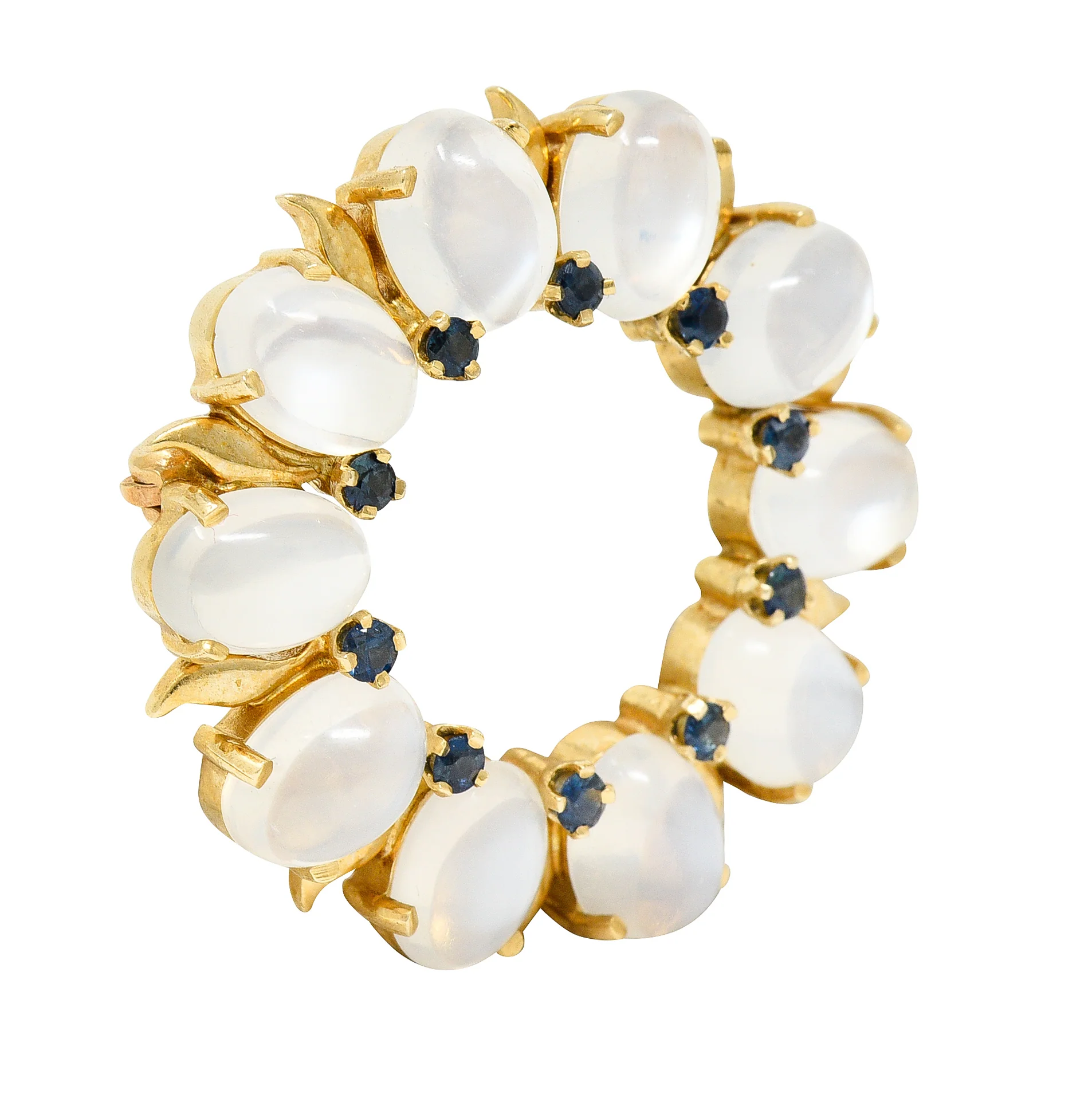 Tiffany & Co. Retro Sapphire Moonstone 14 Karat Gold Wreath Brooch - Image 4