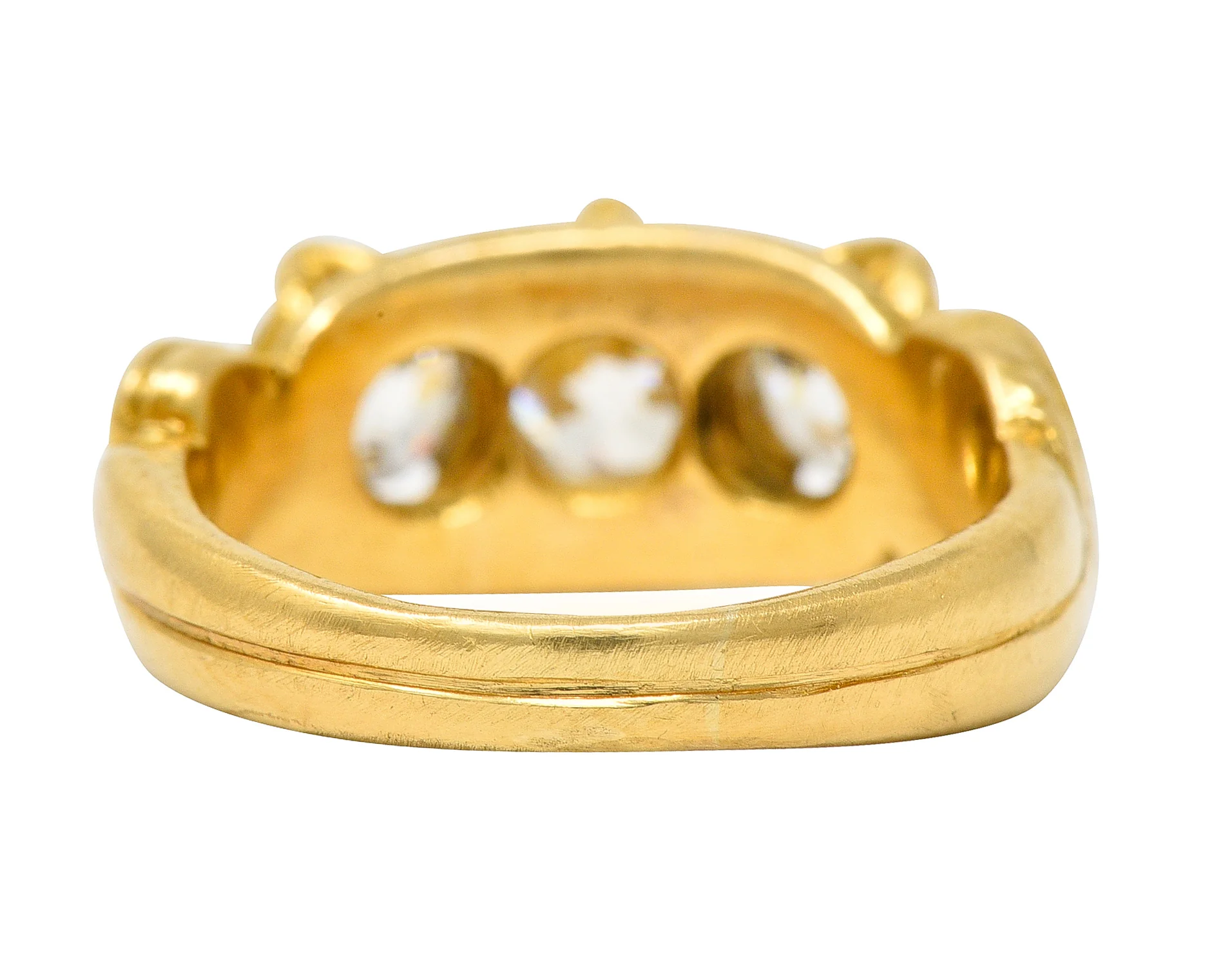 Tiffany & Co. Victorian 1.40 CTW Old European Cut Diamond 18 Karat Yellow Gold Snake Belcher Set Antique Three Stone Ring - Image 4