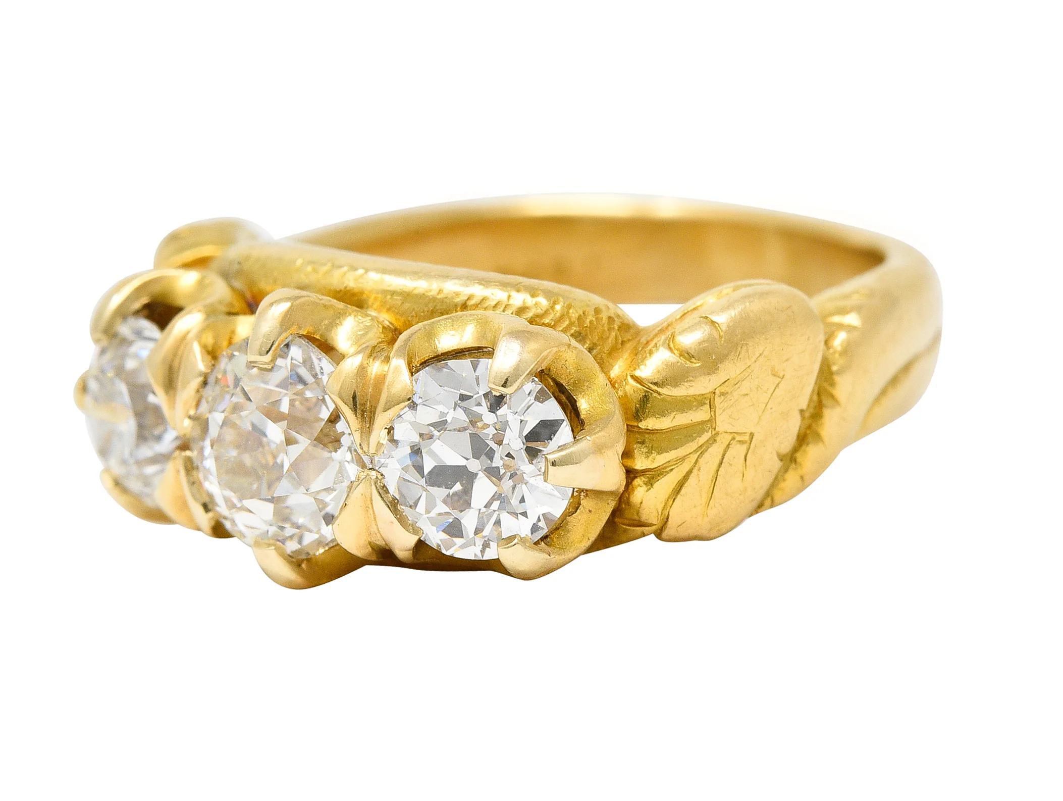 Tiffany & Co. Victorian 1.40 CTW Old European Cut Diamond 18 Karat Yellow Gold Snake Belcher Set Antique Three Stone Ring - Image 6