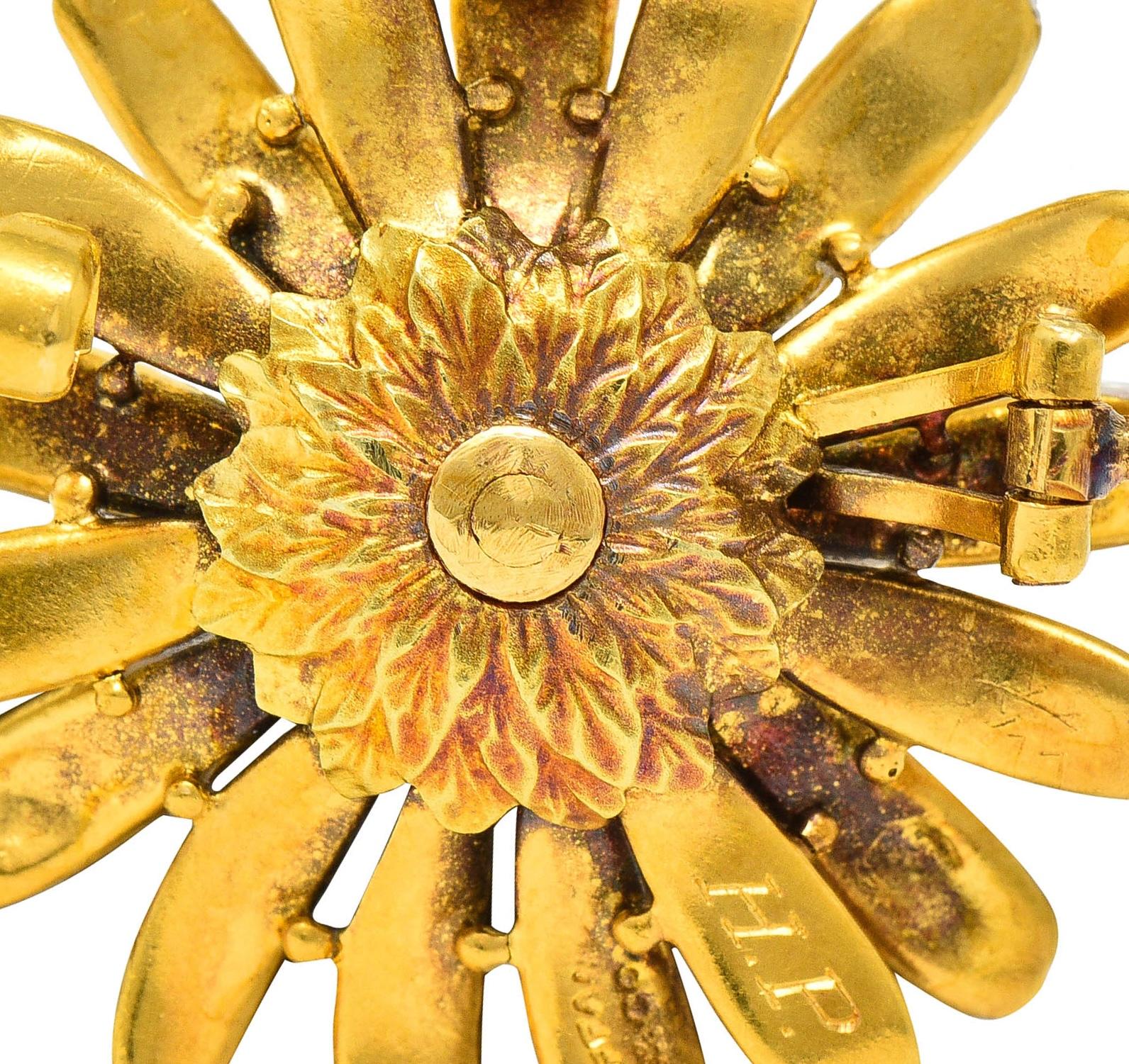 Tiffany & Co. Victorian Antique Enamel 18 Karat Yellow Gold Daisy Flower Pendant Brooch - Image 7