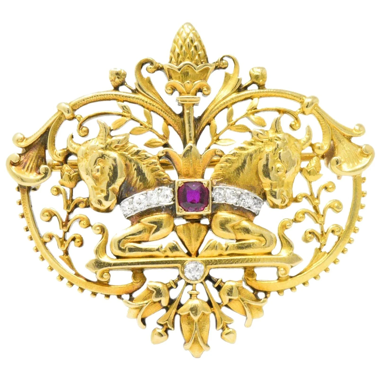 Tiffany & Co. Victorian Diamond Ruby Horse 18 Karat Yellow Gold Brooch