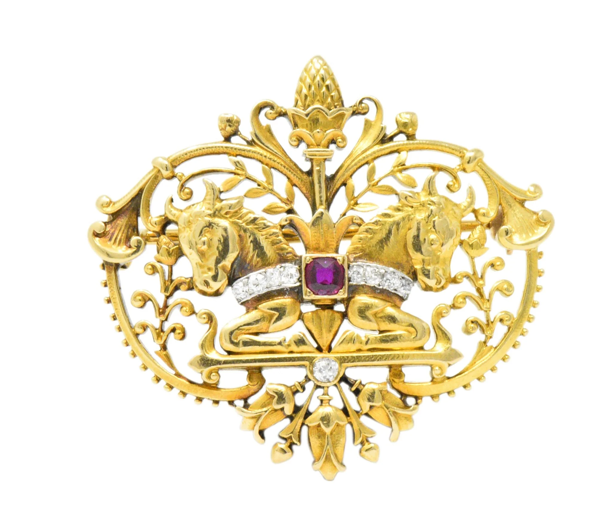 Tiffany & Co. Victorian Diamond Ruby Horse 18 Karat Yellow Gold Brooch - Image 6