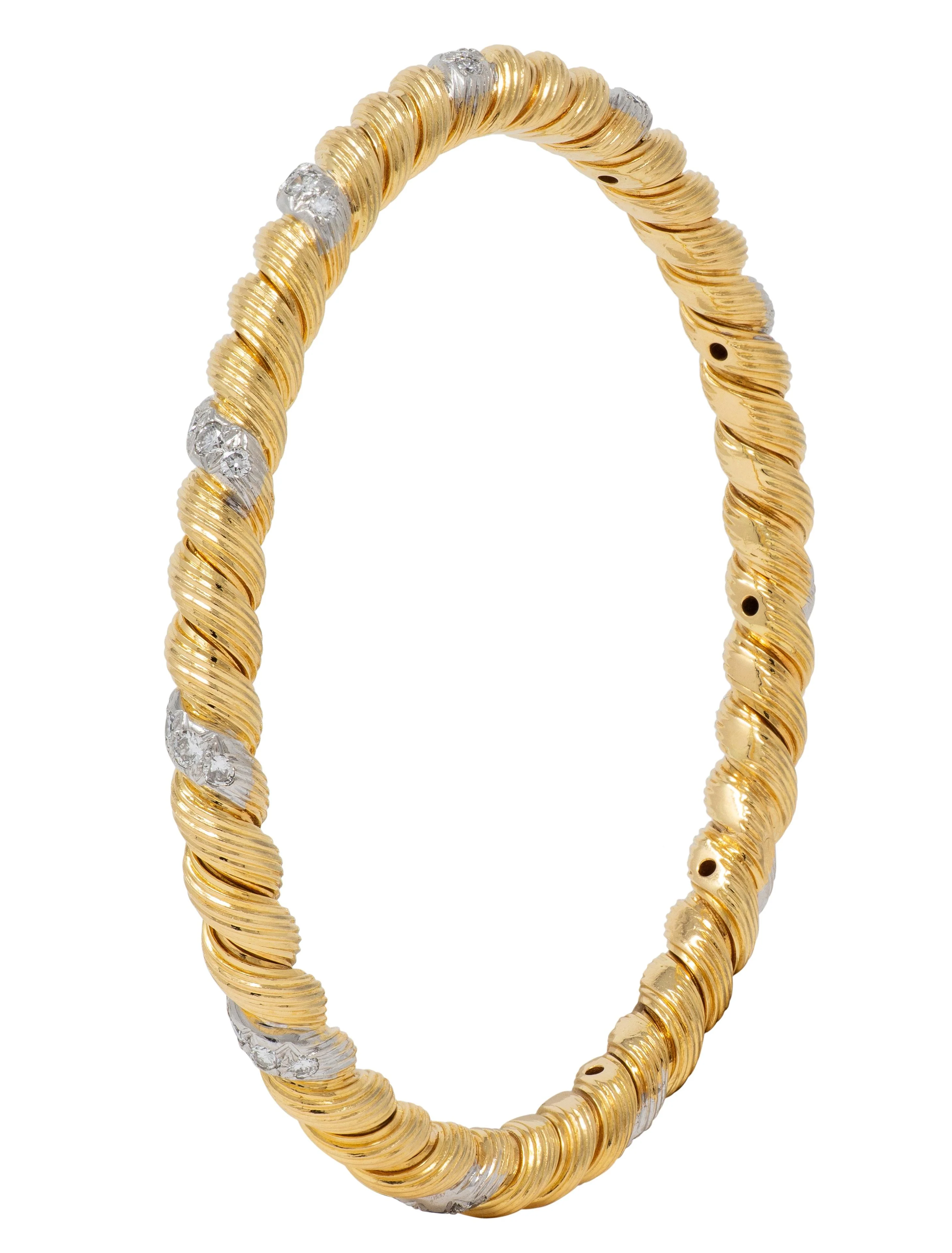 Van Cleef & Arpels 1960's Diamond 18 Karat Yellow Gold Platinum Vintage Twisted Bangle Bracelet - Image 3