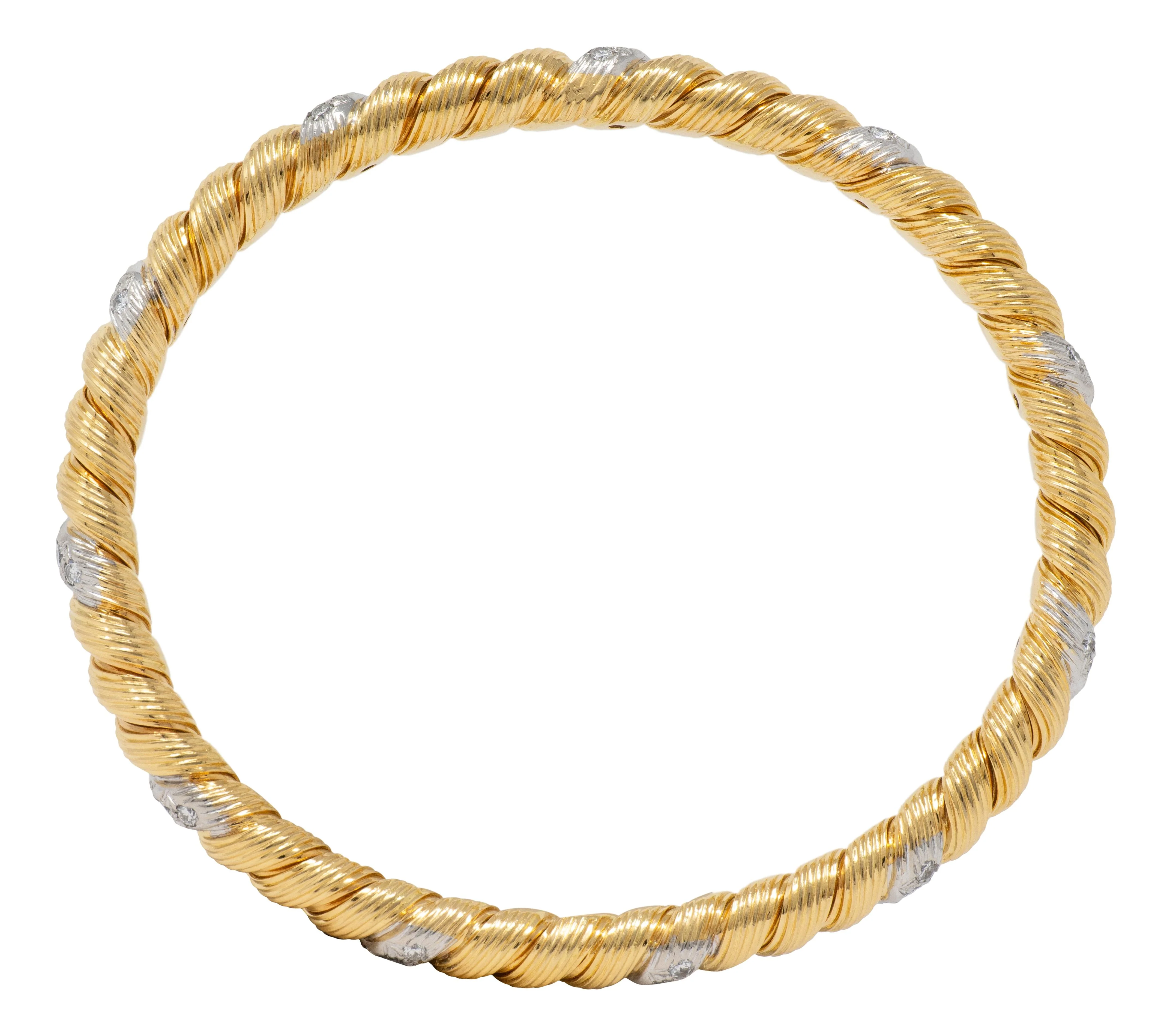 Van Cleef & Arpels 1960's Diamond 18 Karat Yellow Gold Platinum Vintage Twisted Bangle Bracelet - Image 8